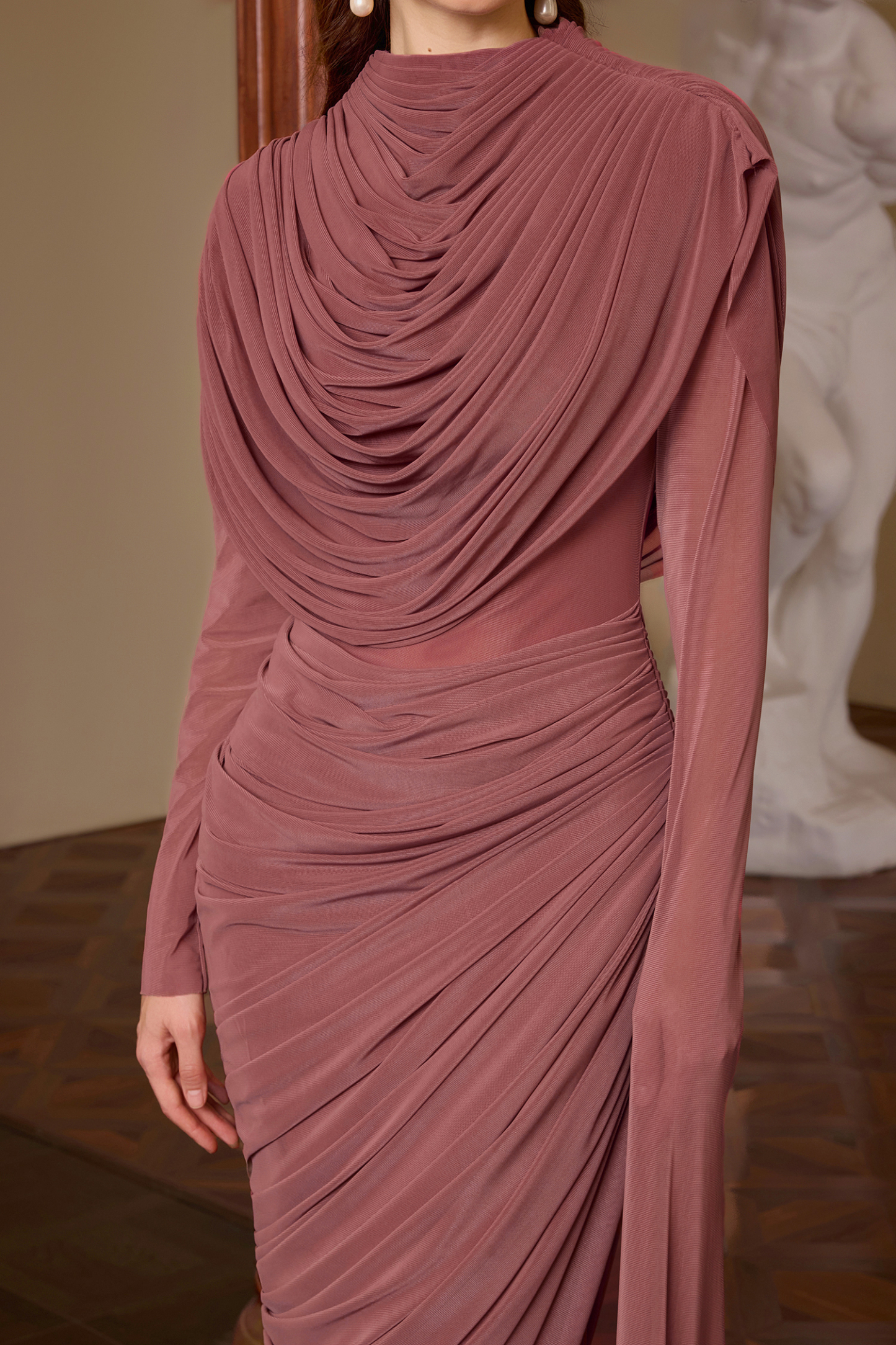 Mesh Gathering Asymmetrical Sleeve Maxi Dress