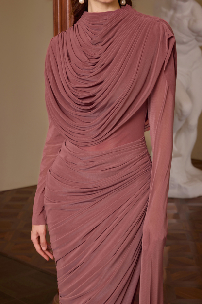 Mesh Gathering Asymmetrical Sleeve Maxi Dress