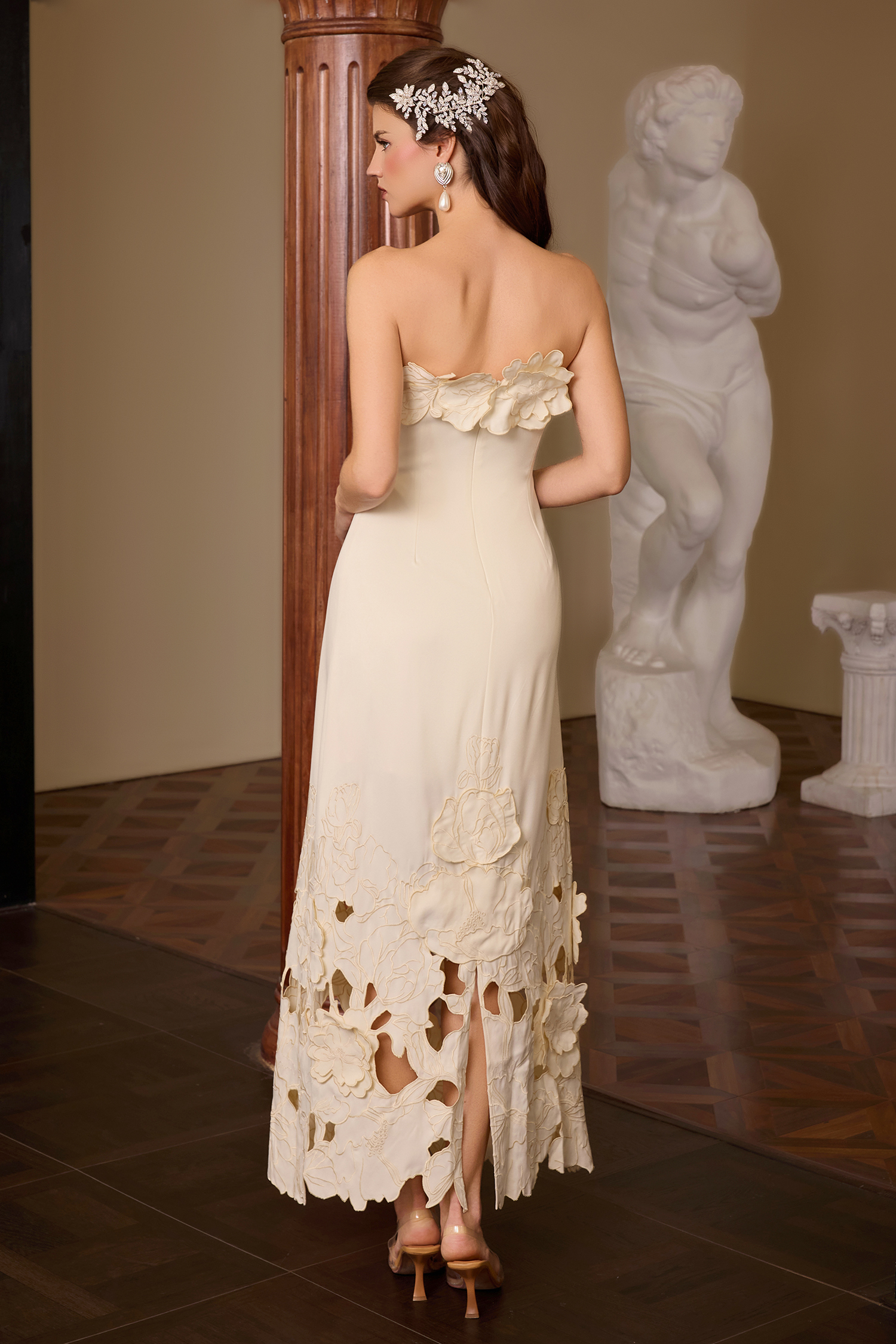 Off-Shoulder Floral Appliquéd Midi Dress