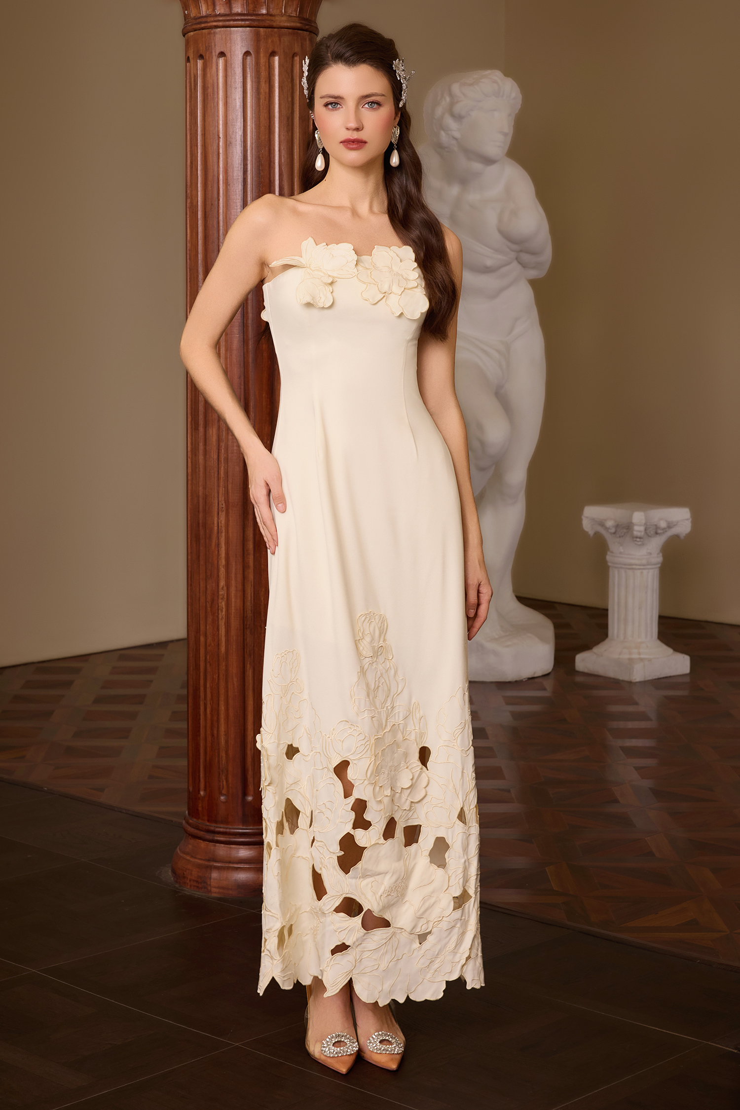 Off-Shoulder Floral Appliquéd Midi Dress