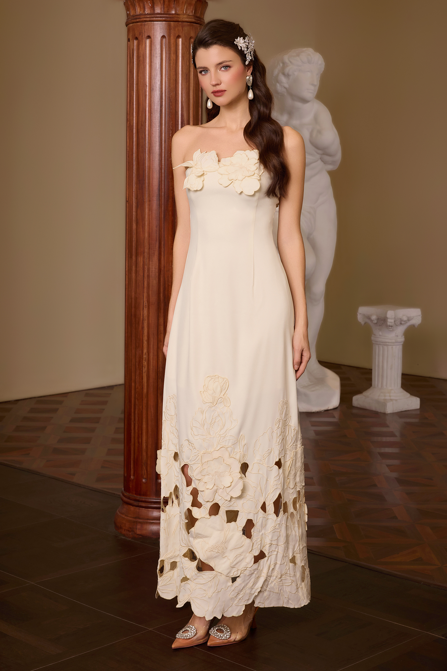 Off-Shoulder Floral Appliquéd Midi Dress