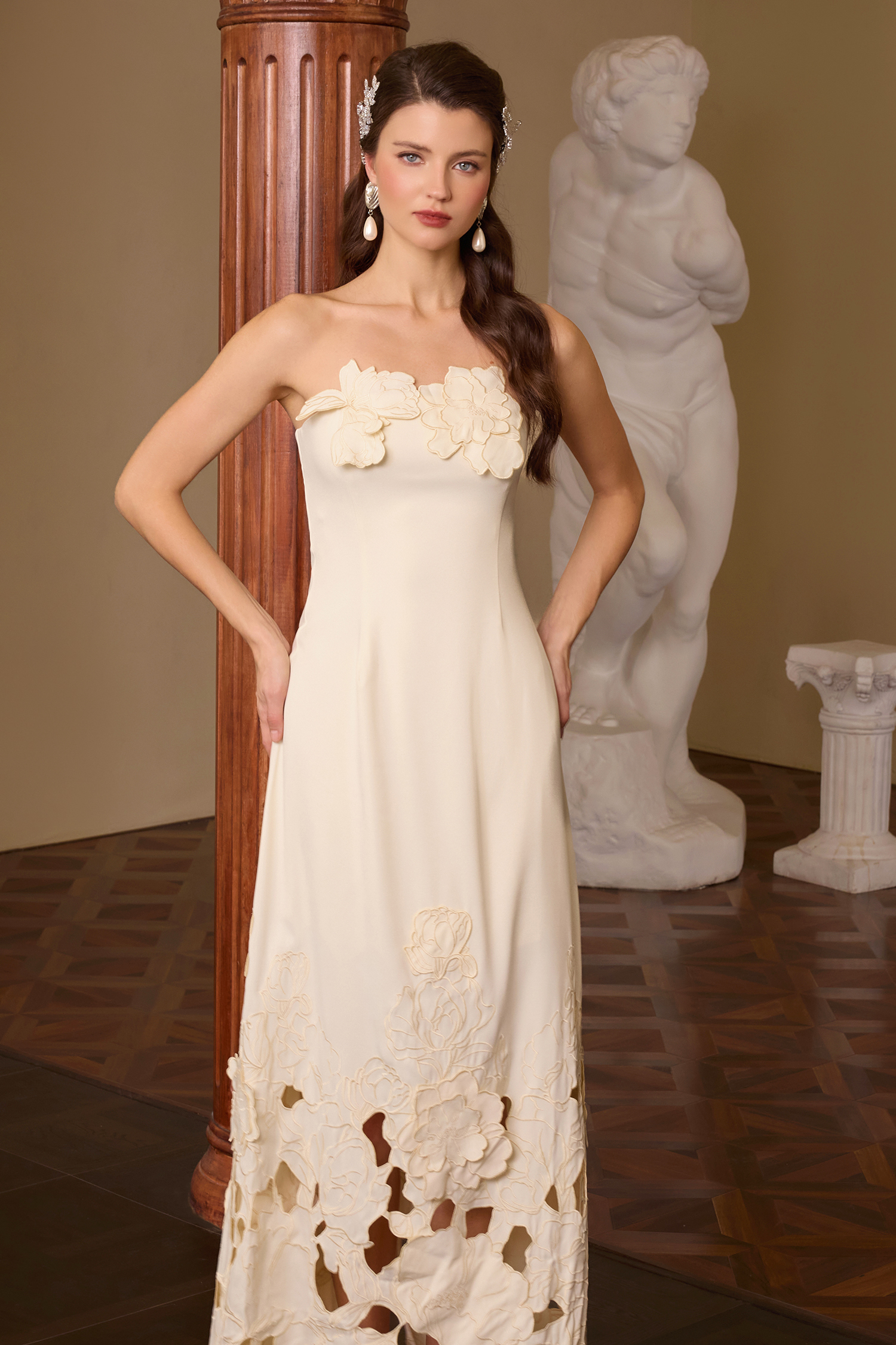 Off-Shoulder Floral Appliquéd Midi Dress