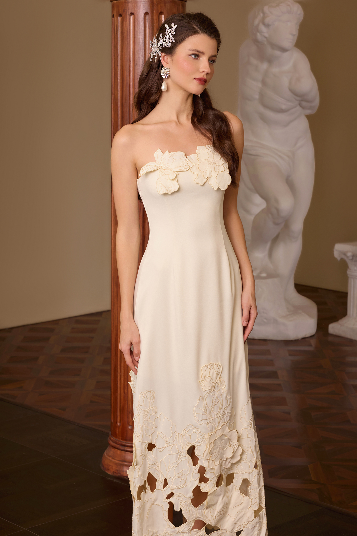 Off-Shoulder Floral Appliquéd Midi Dress