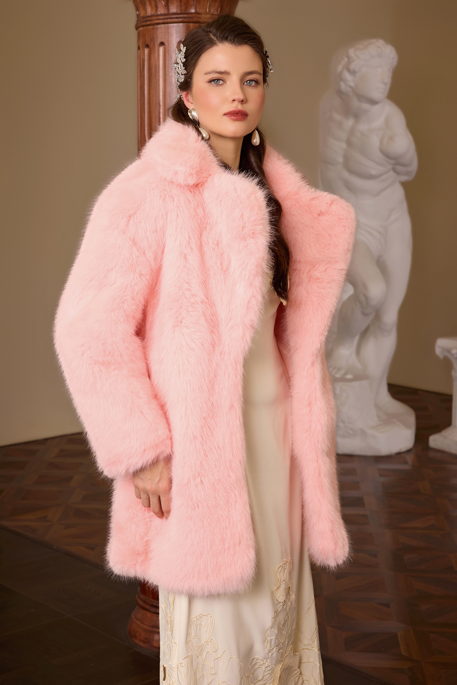 Solid Faux Fur Long Sleeve Coat