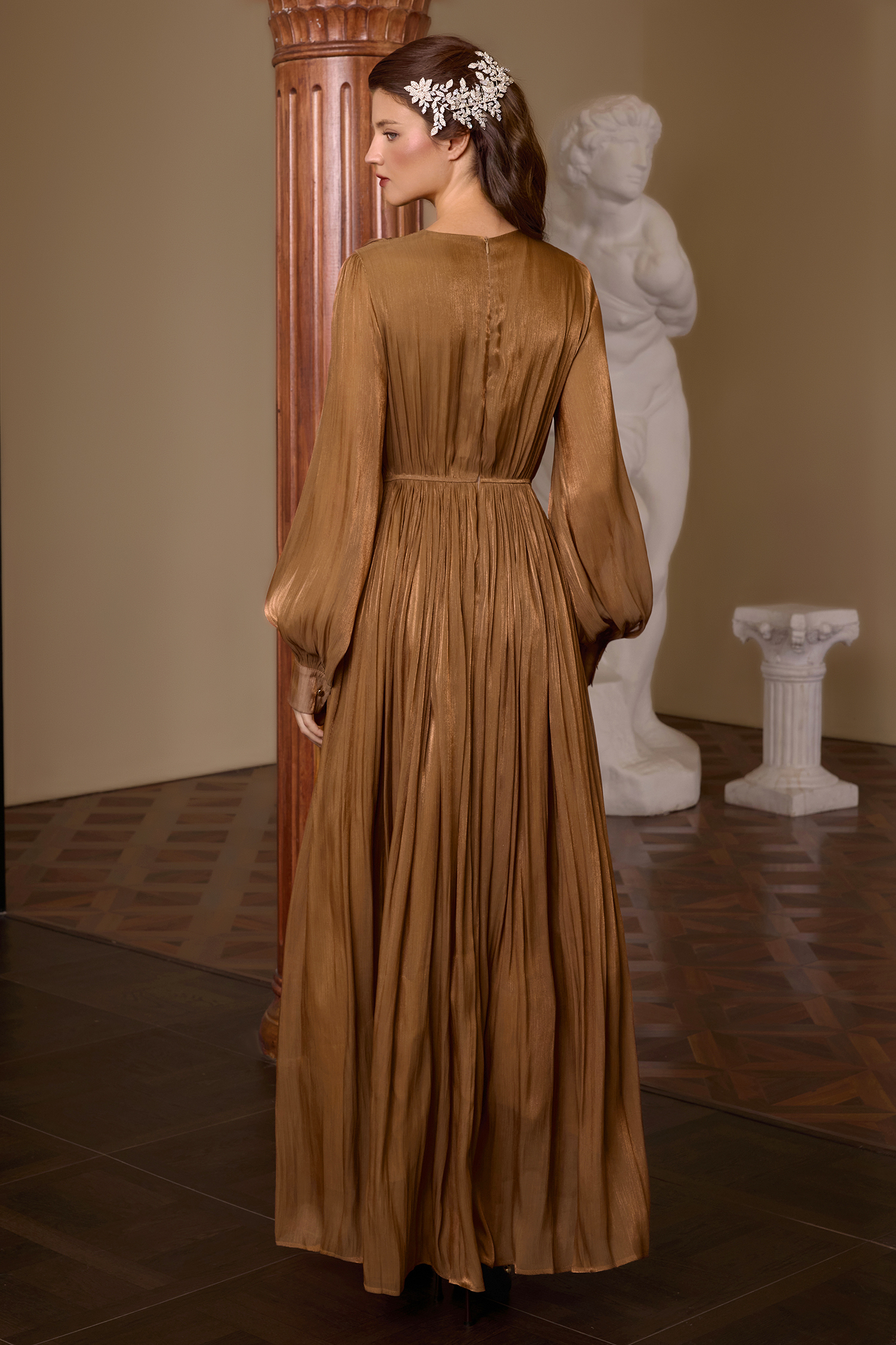 Nail Bead Embroidery Lantern Sleeve Midi Dress