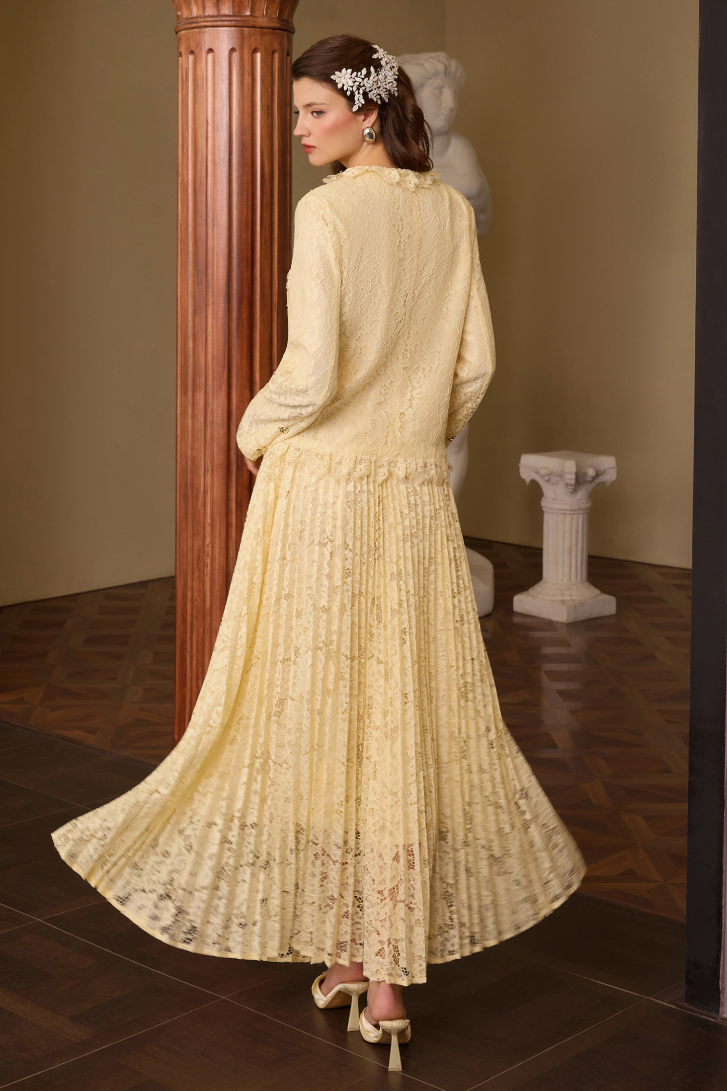 Lace Metal Button Top & High Waist Midi Skirt Set