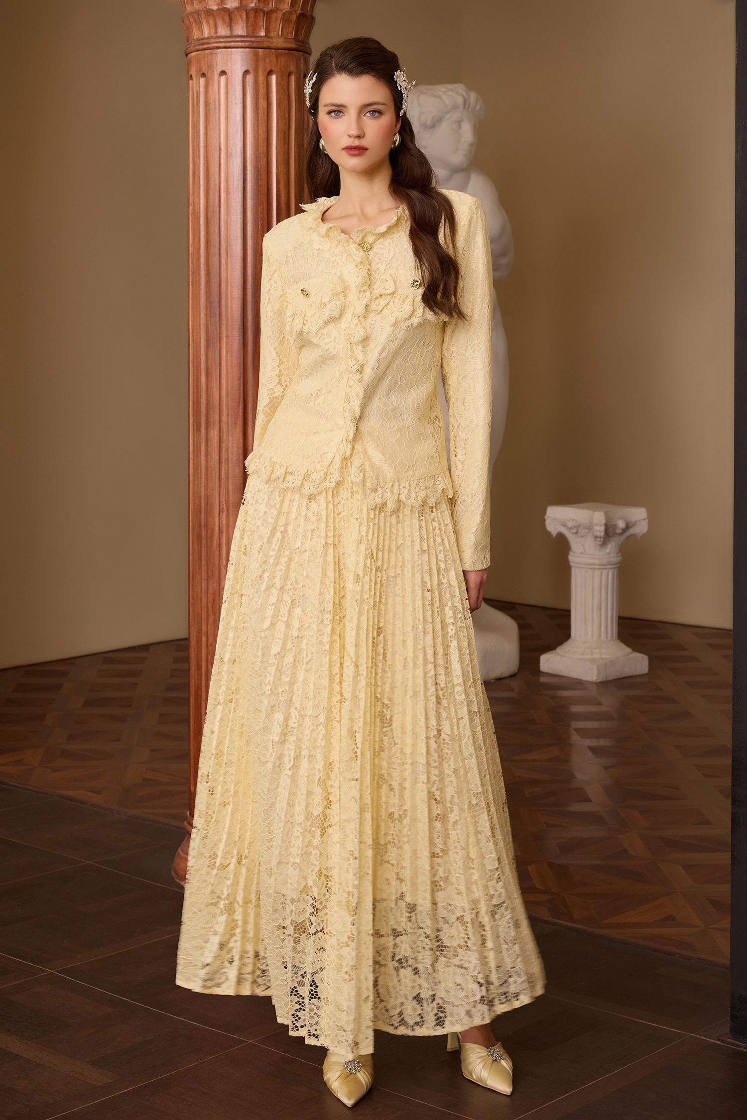 Lace Metal Button Top & High Waist Midi Skirt Set