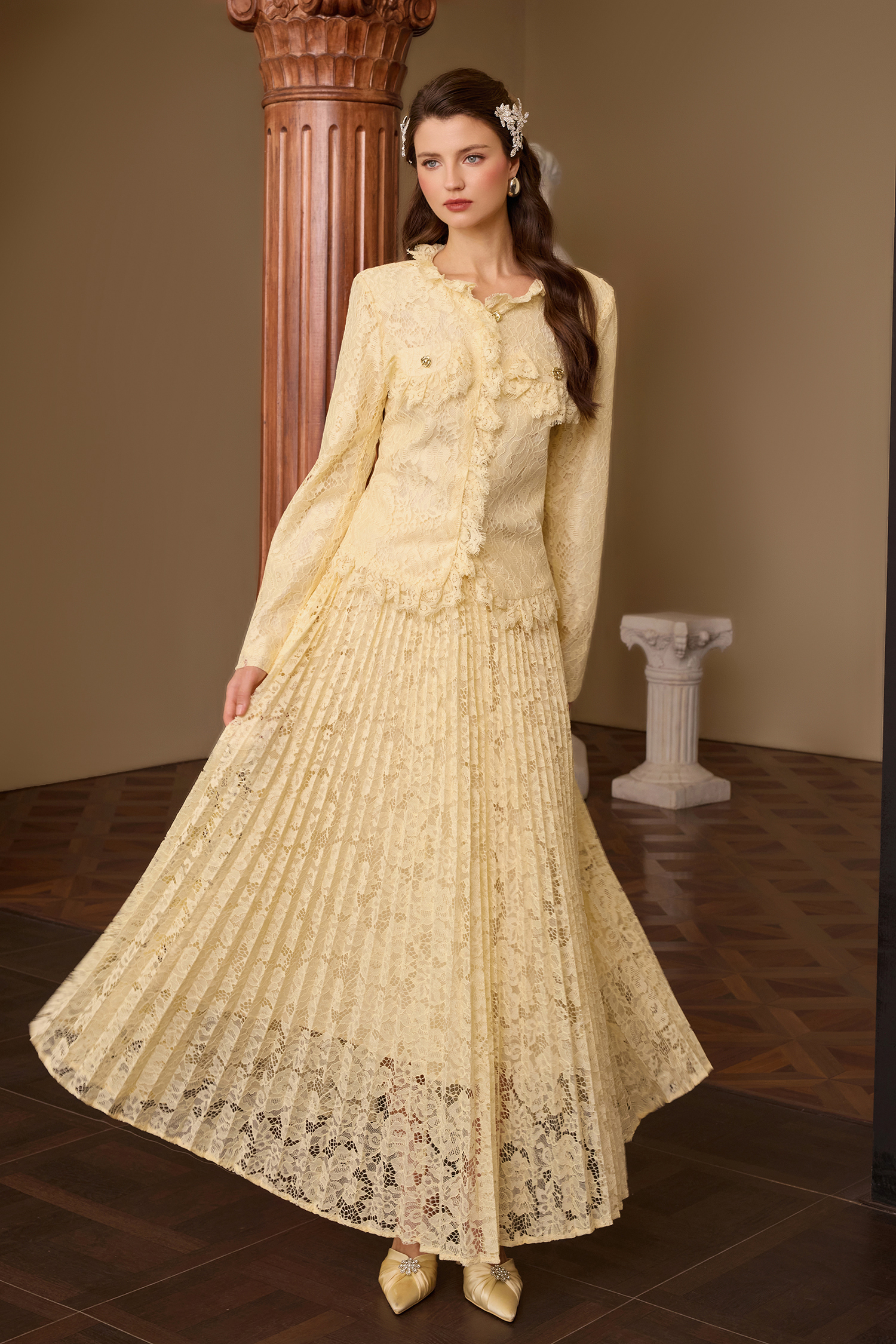 Lace Metal Button Top & High Waist Midi Skirt Set