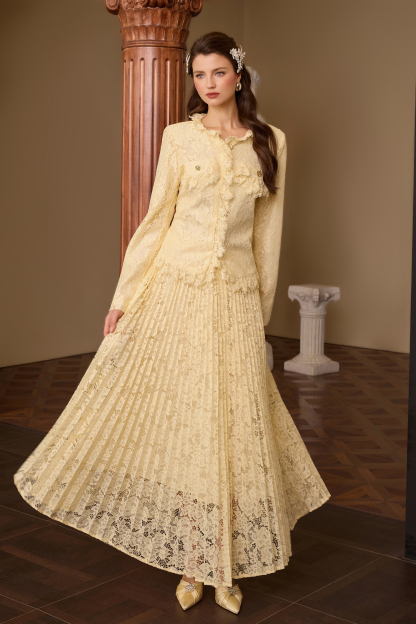 Lace Metal Button Top & High Waist Midi Skirt Set