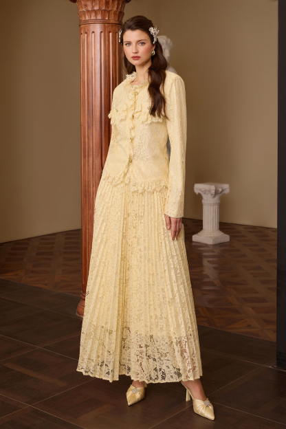 Lace Metal Button Top & High Waist Midi Skirt Set