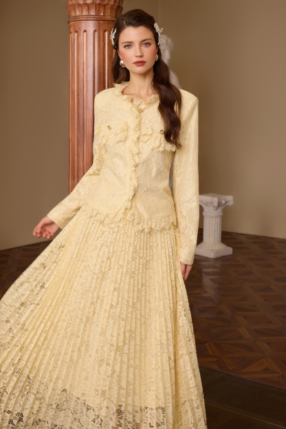 Lace Metal Button Top & High Waist Midi Skirt Set