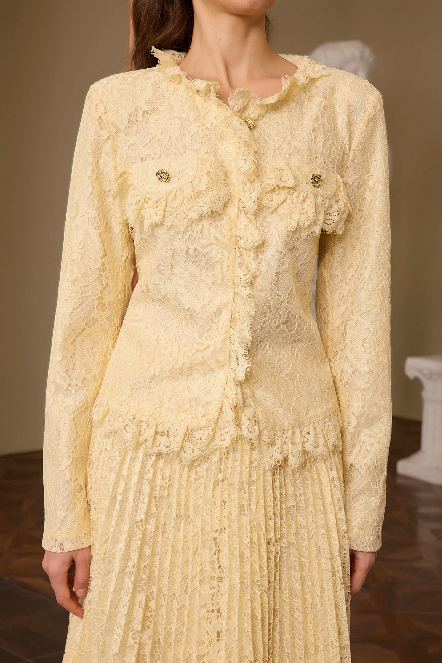 Lace Metal Button Top & High Waist Midi Skirt Set