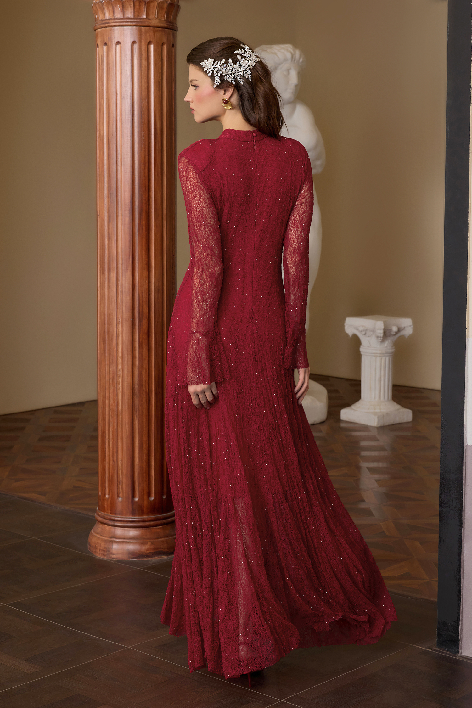 Lace Rhinestone Long Sleeve Maxi Dress