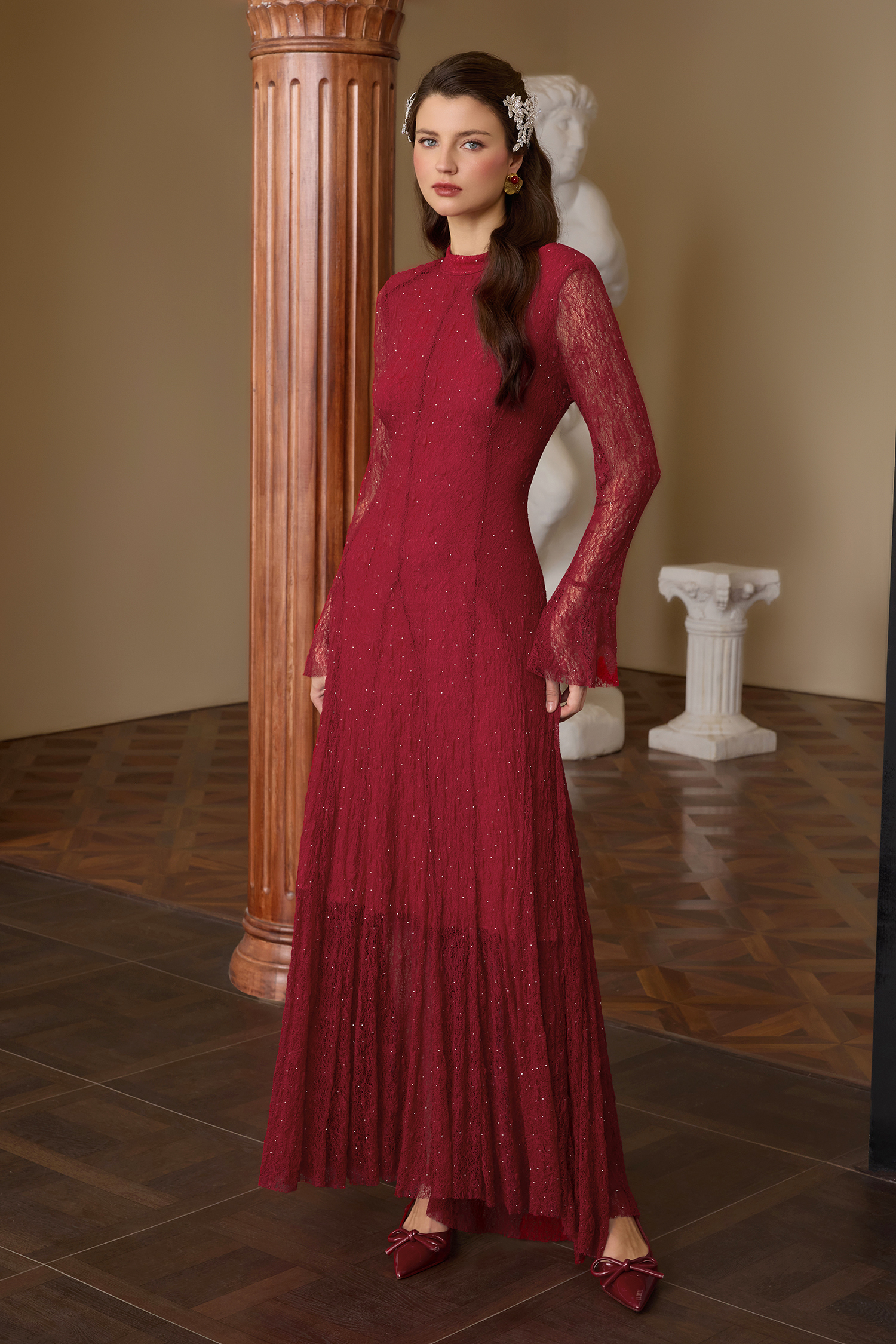 Lace Rhinestone Long Sleeve Maxi Dress