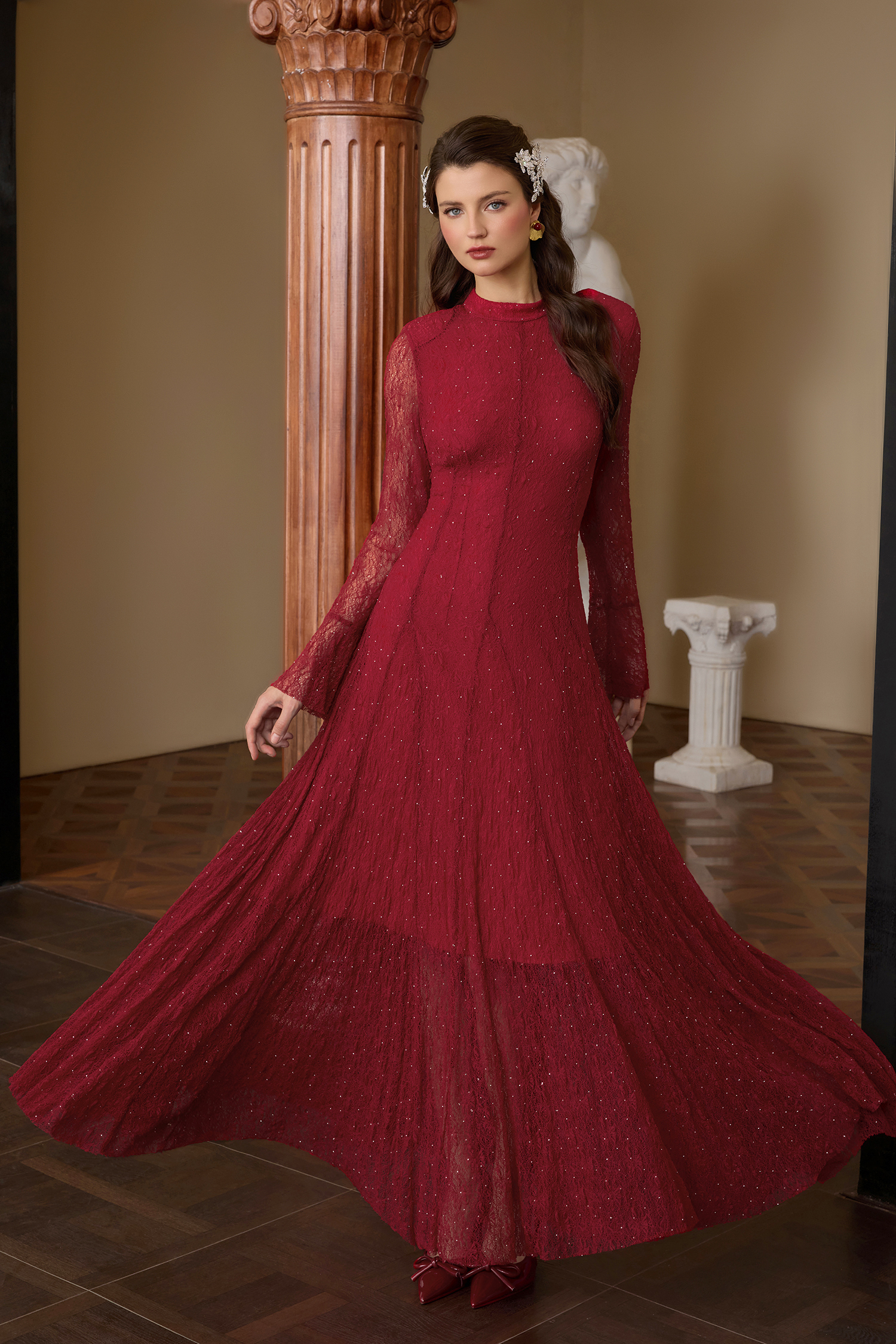 Lace Rhinestone Long Sleeve Maxi Dress