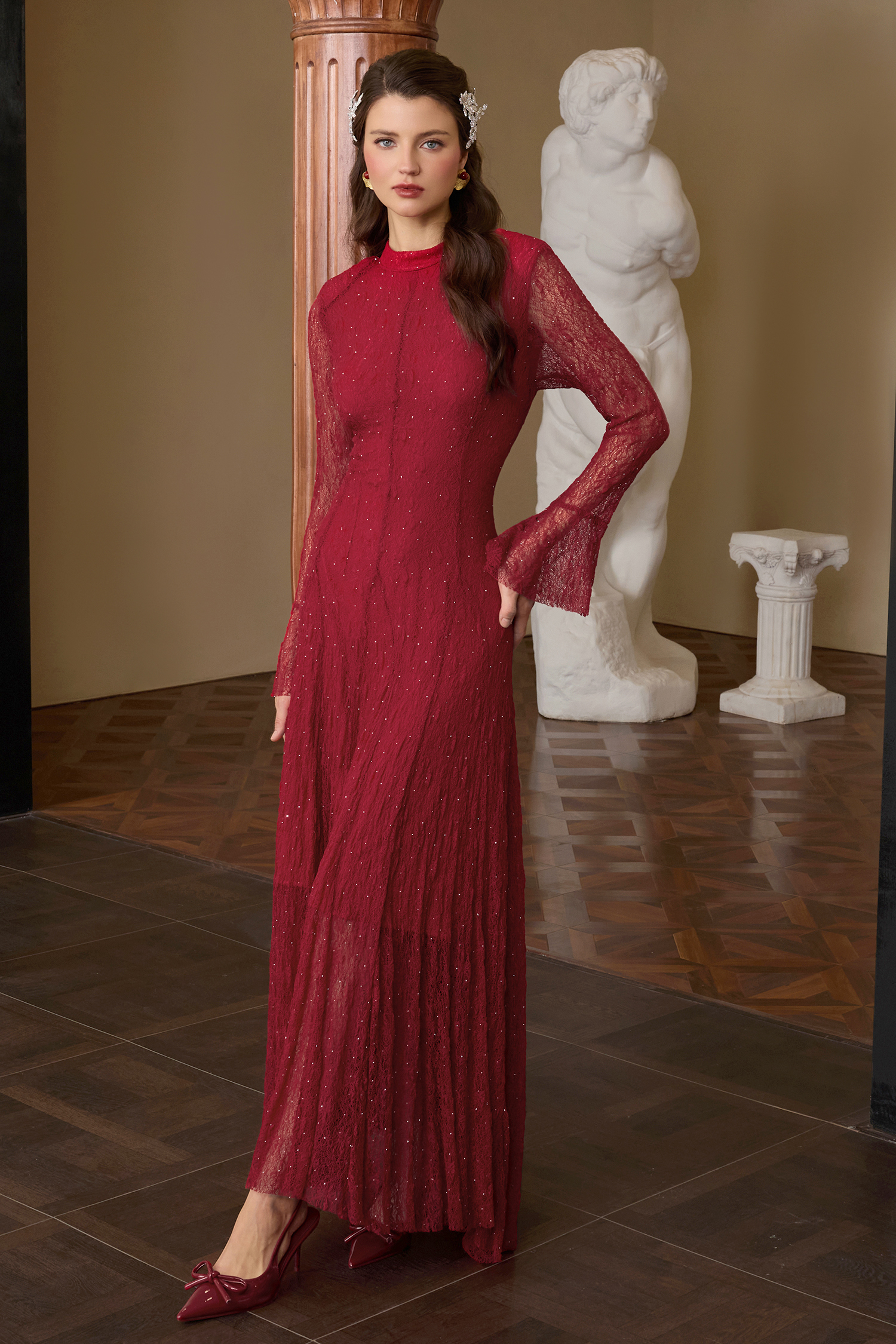 Lace Rhinestone Long Sleeve Maxi Dress