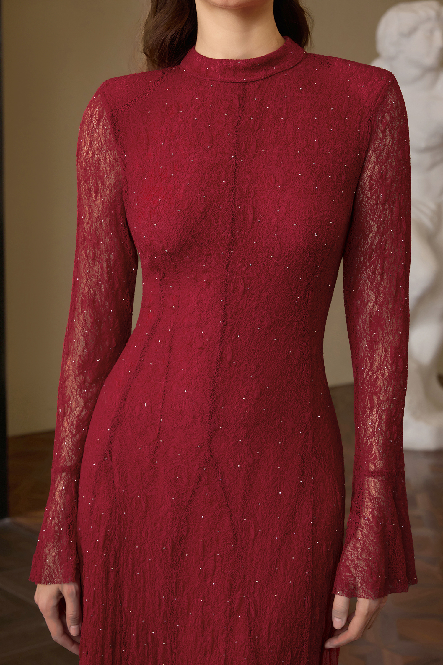 Lace Rhinestone Long Sleeve Maxi Dress