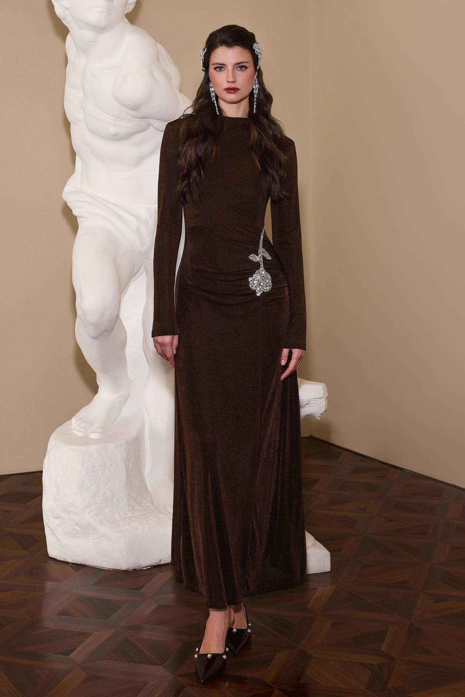 Jersey Rhinestone Gathering Maxi Dress