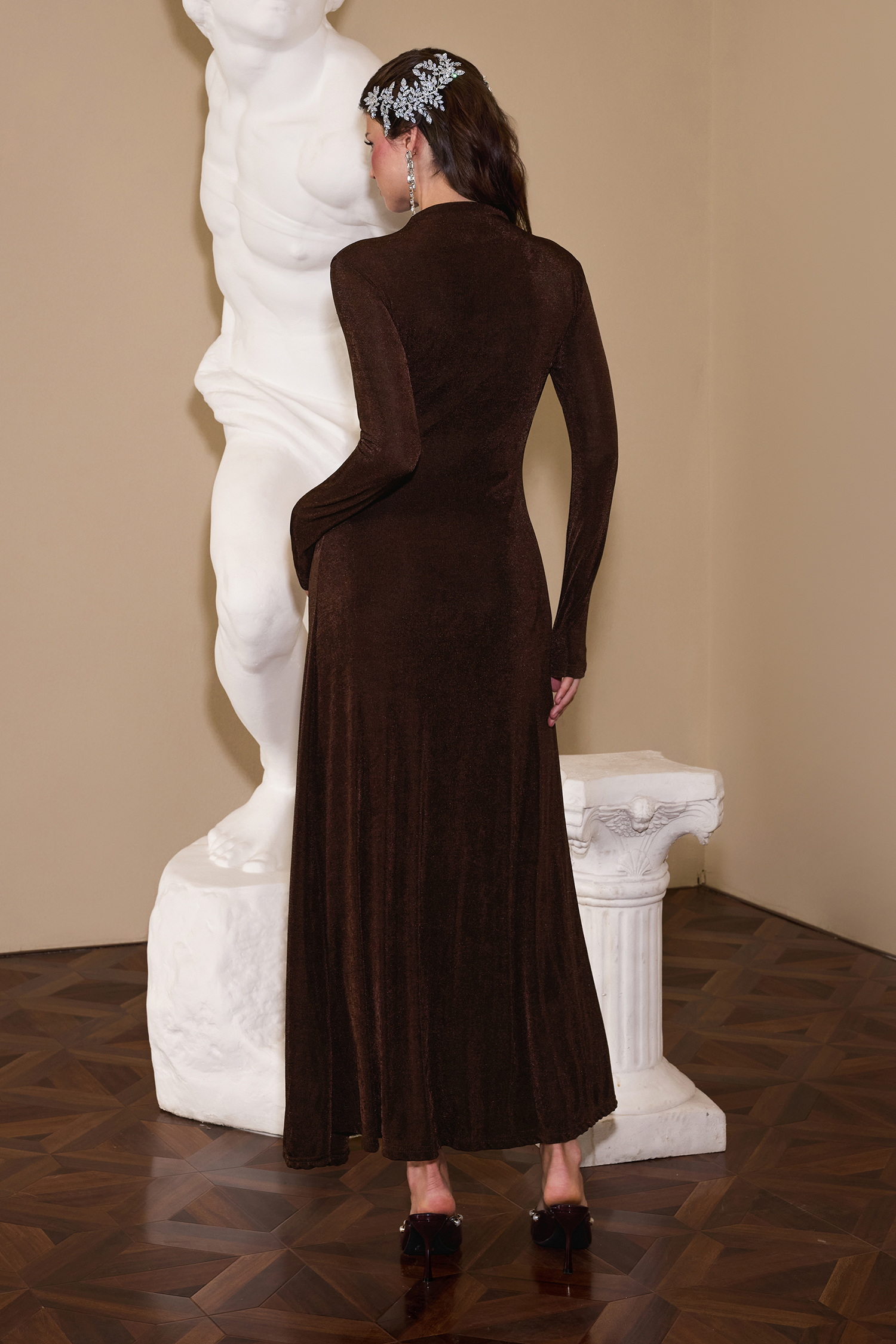 Jersey Rhinestone Gathering Maxi Dress