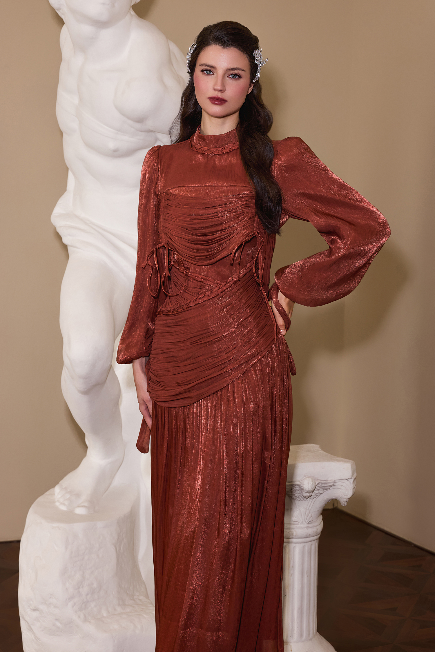 Solid Gathering Lantern Sleeve Midi Dress