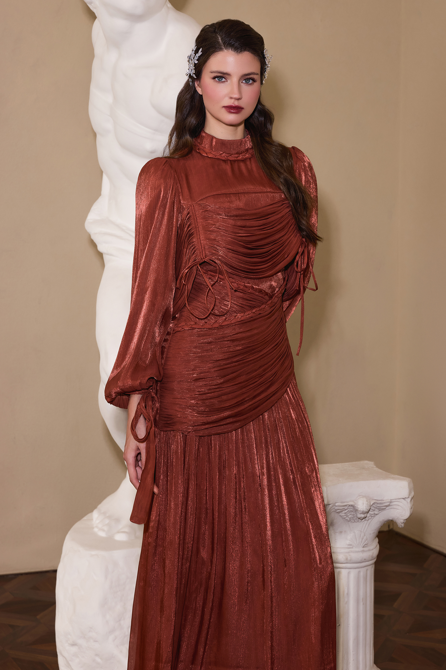 Solid Gathering Lantern Sleeve Midi Dress