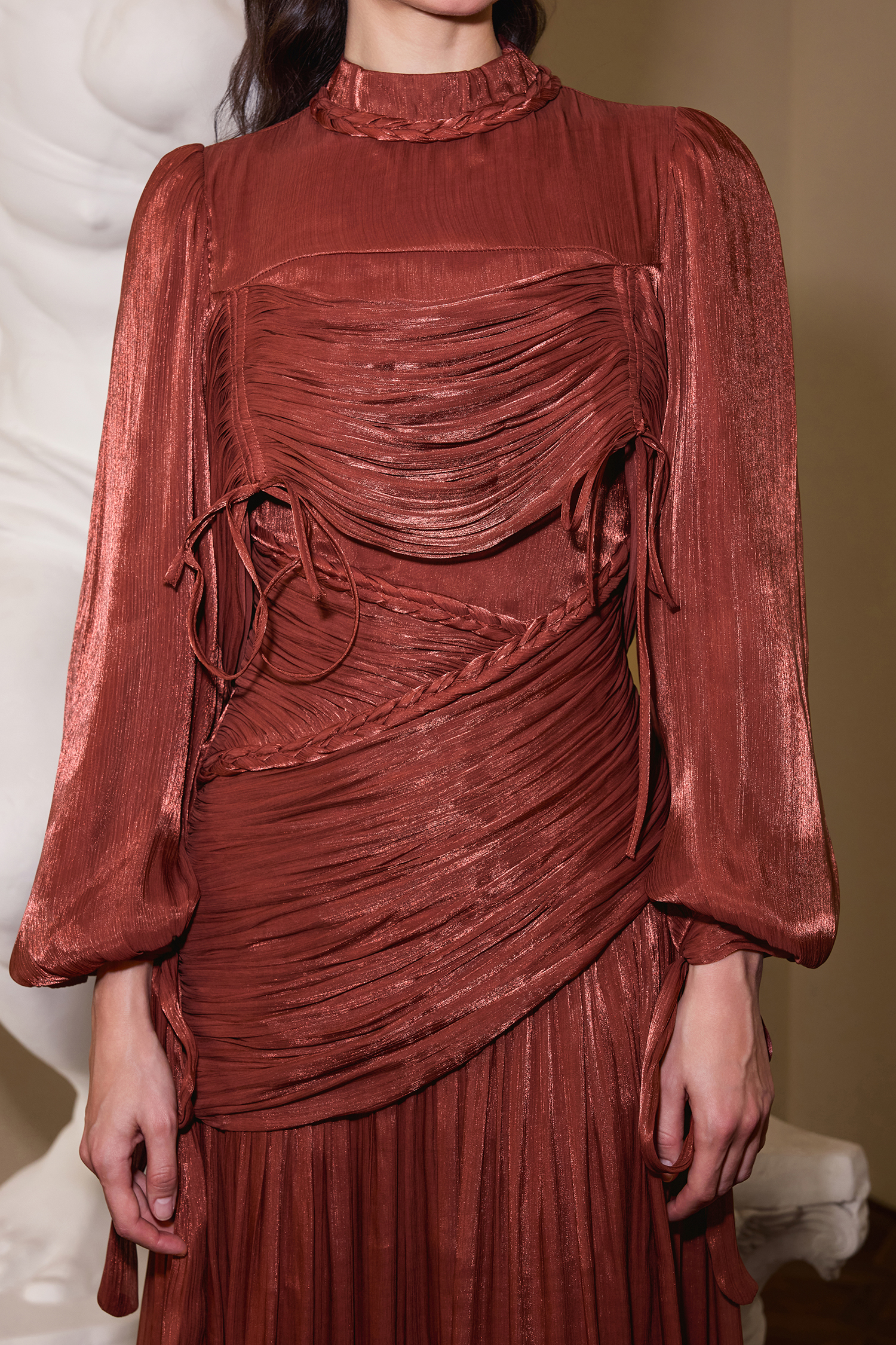 Solid Gathering Lantern Sleeve Midi Dress