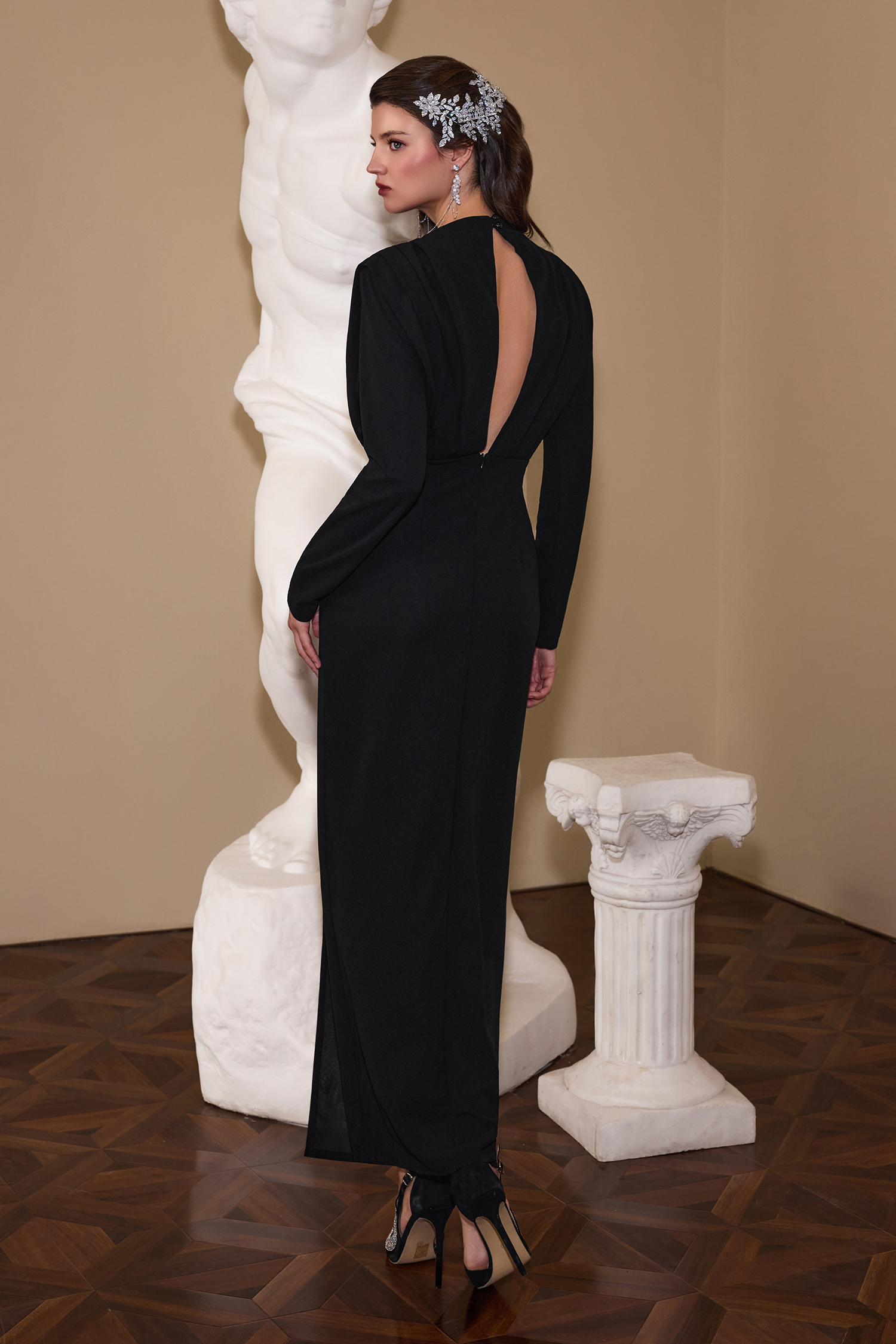 Solid High Split Long Sleeve Midi Dress