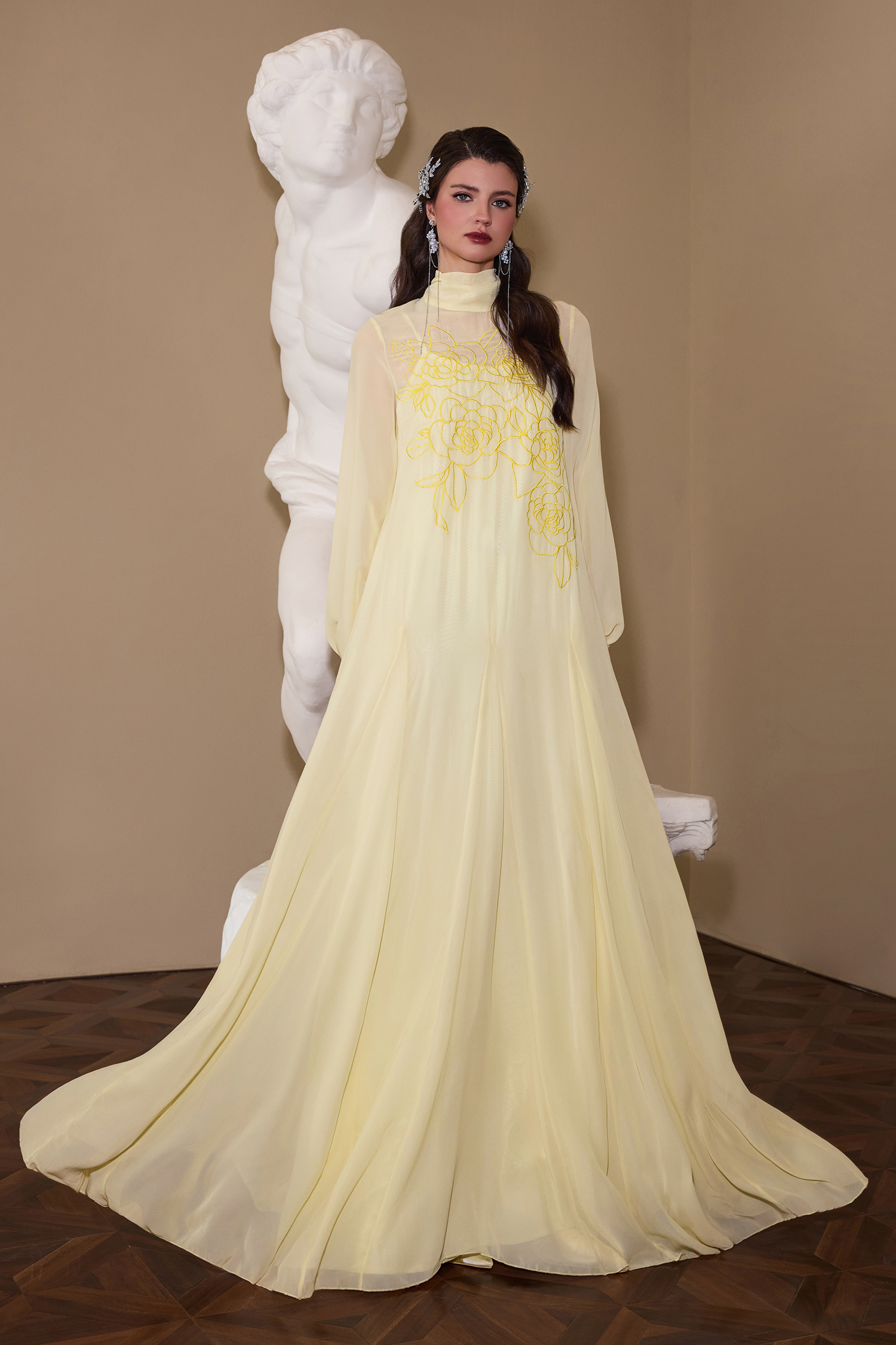 Embroidered Chiffon Lantern Sleeve Maxi Dress