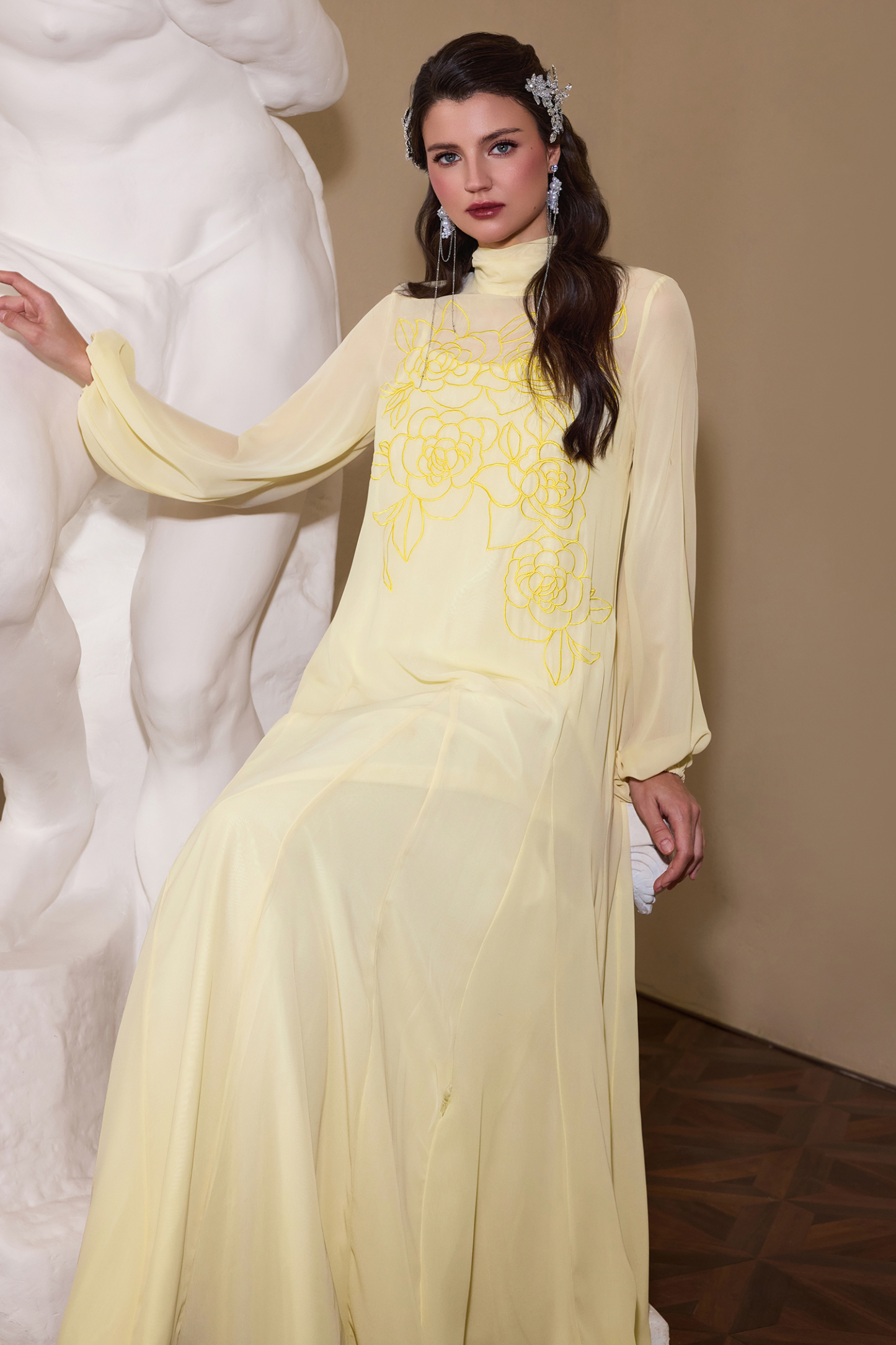 Embroidered Chiffon Lantern Sleeve Maxi Dress