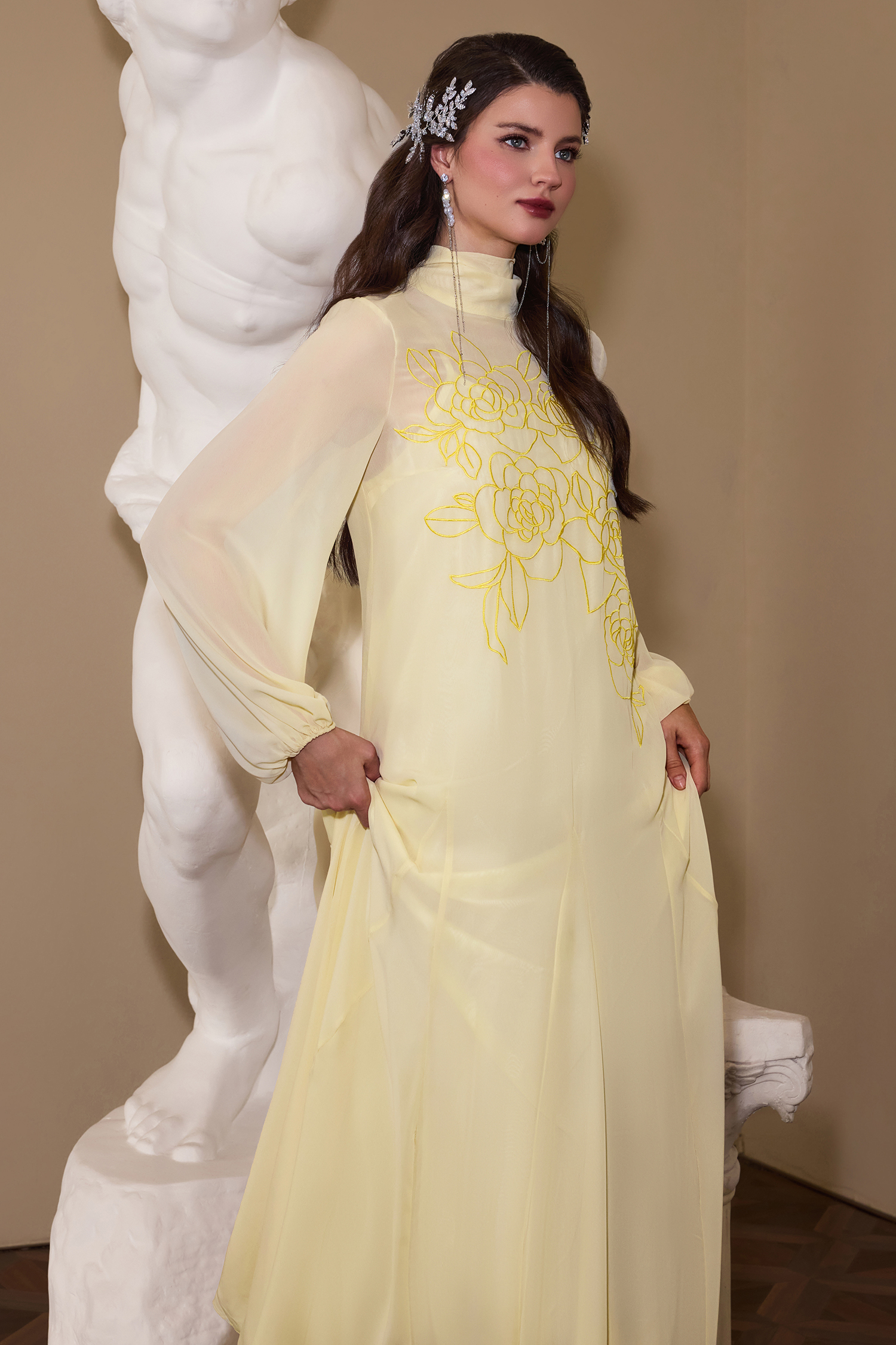 Embroidered Chiffon Lantern Sleeve Maxi Dress