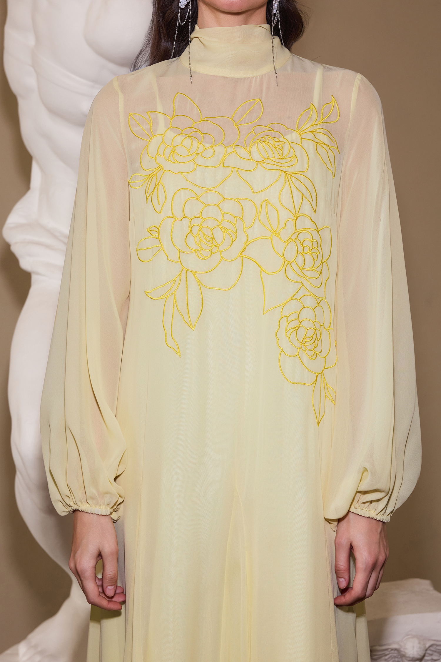 Embroidered Chiffon Lantern Sleeve Maxi Dress