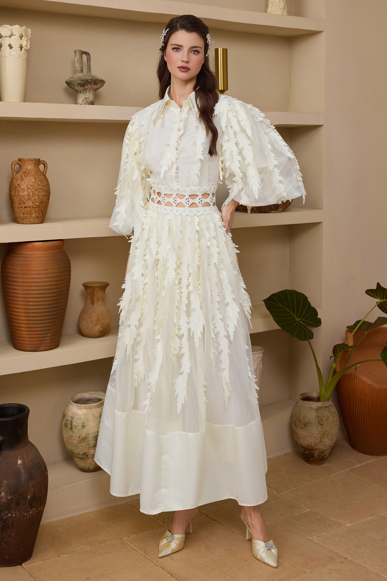 Mesh Embroidered Rhinestone Rivets Maxi Dress