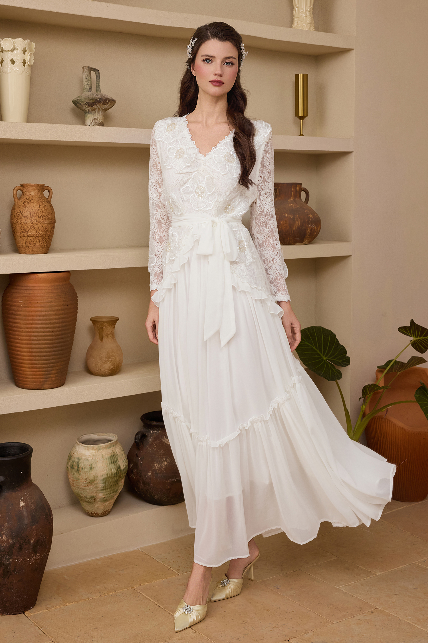 Chiffon Nail Bead Embroidery Lace Maxi Dress