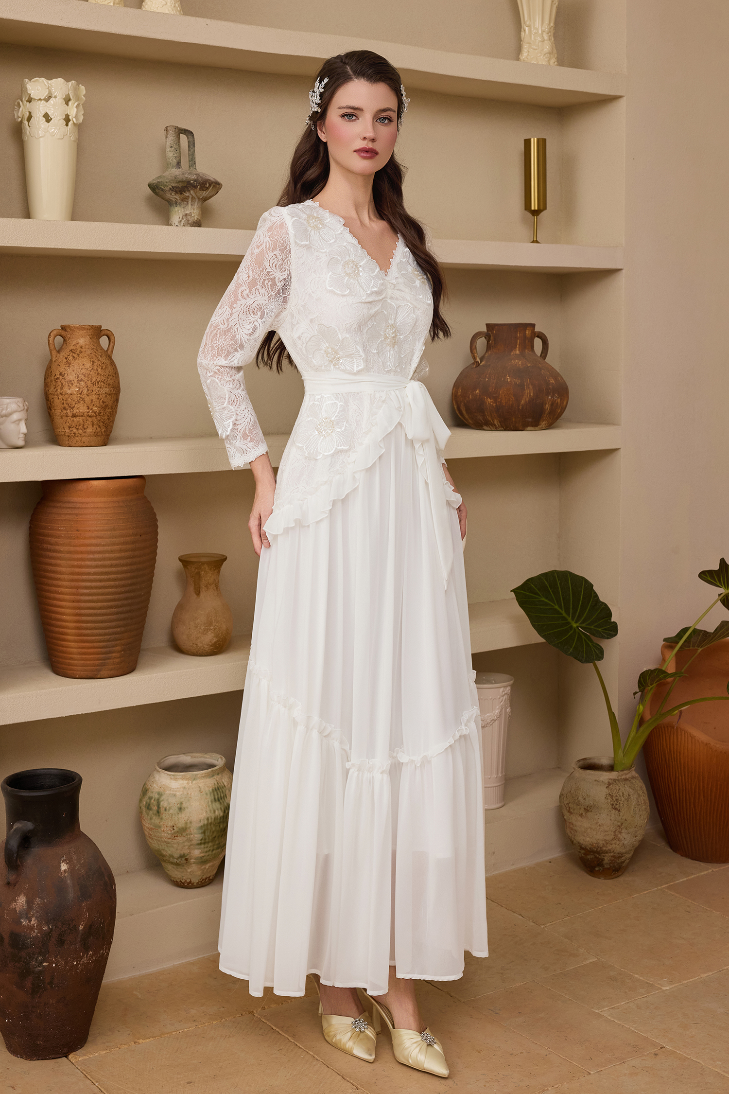 Chiffon Nail Bead Embroidery Lace Maxi Dress