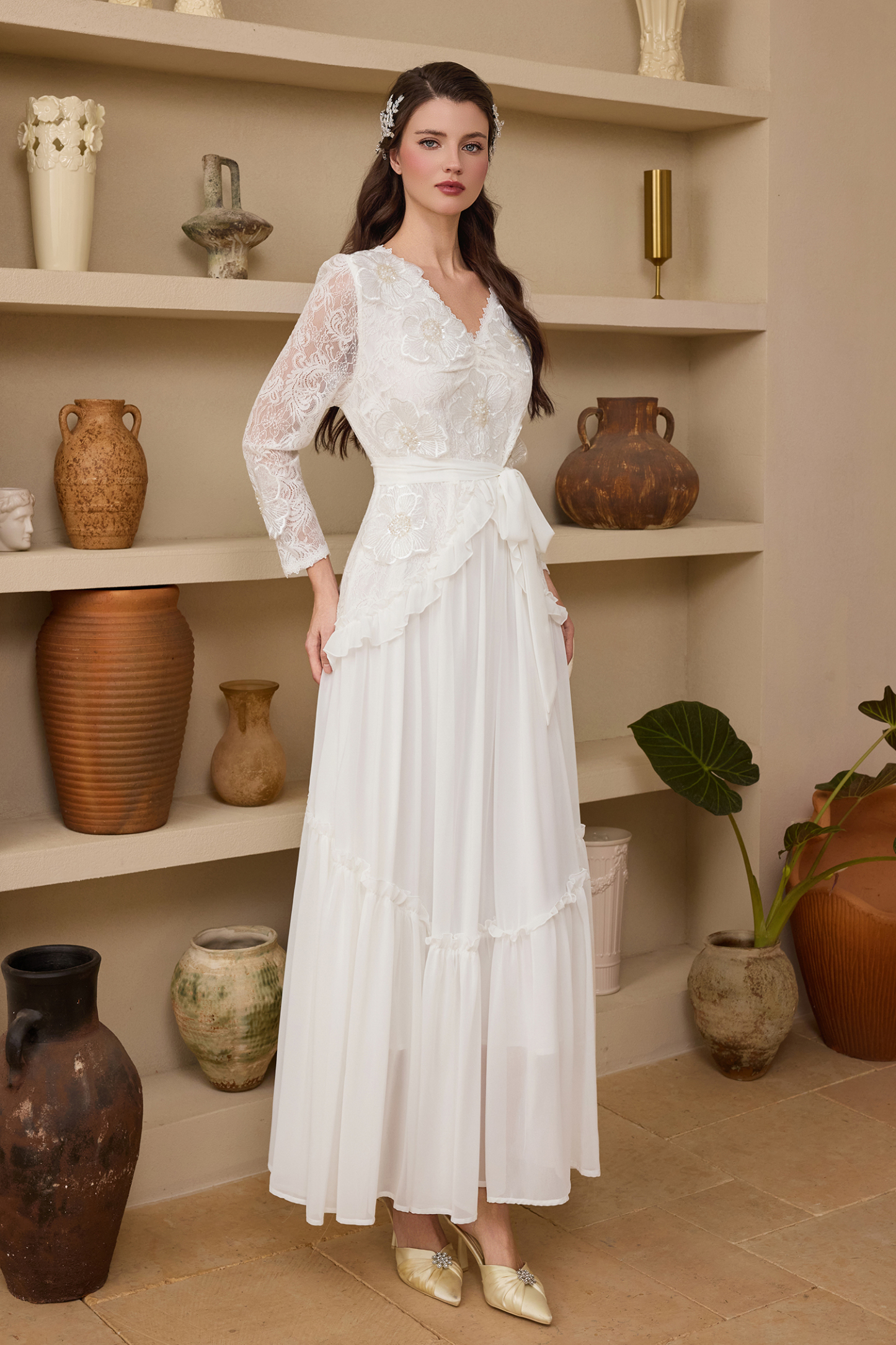 Chiffon Nail Bead Embroidery Lace Maxi Dress