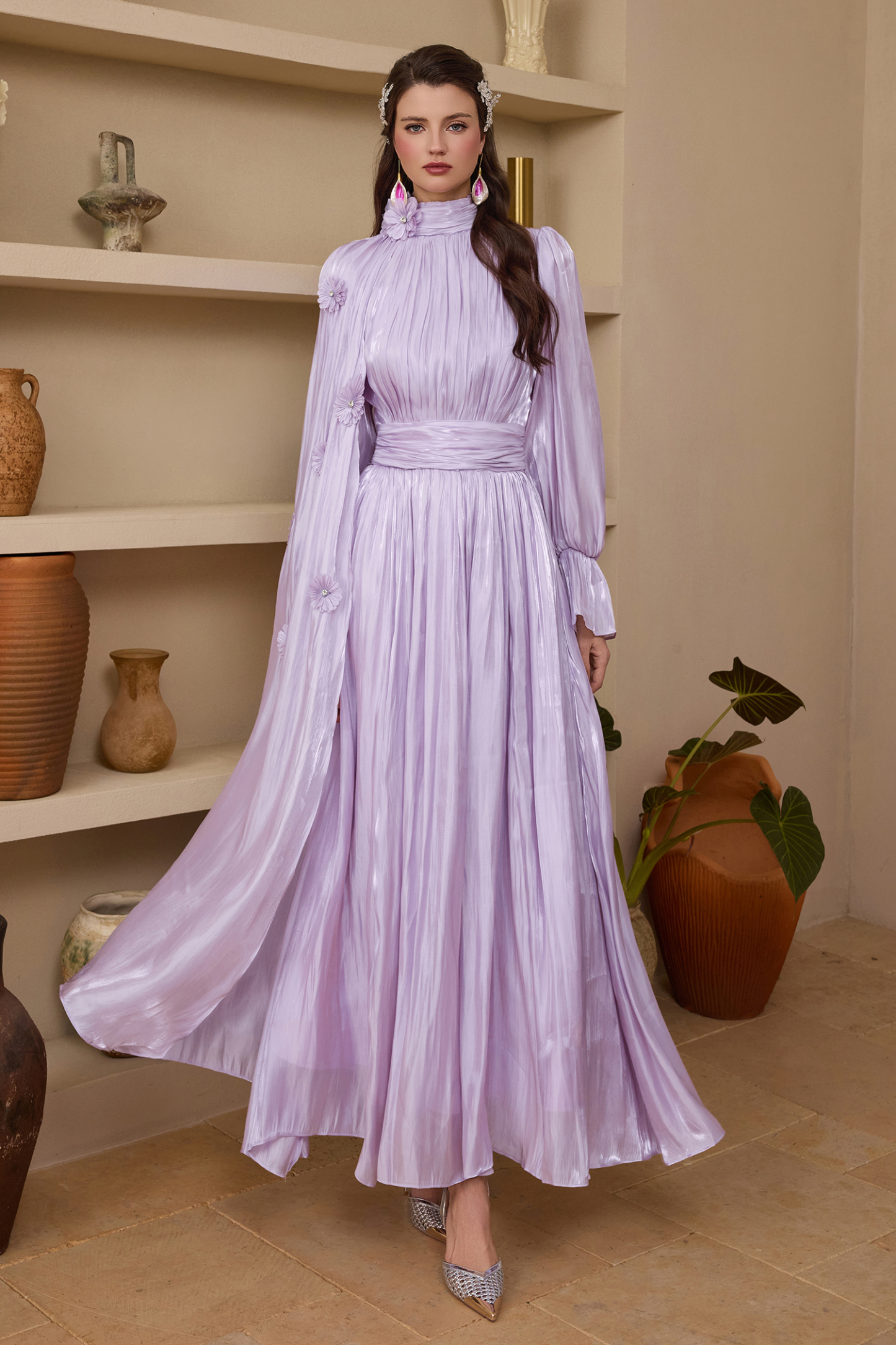 3D Flower Gathering Cape Maxi Dress