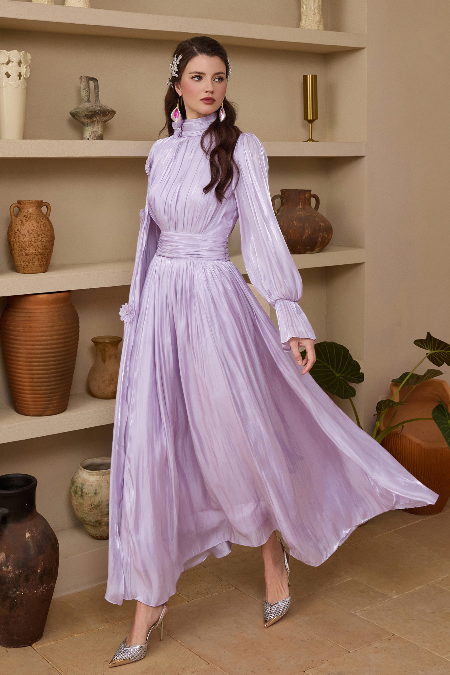 3D Flower Gathering Cape Maxi Dress