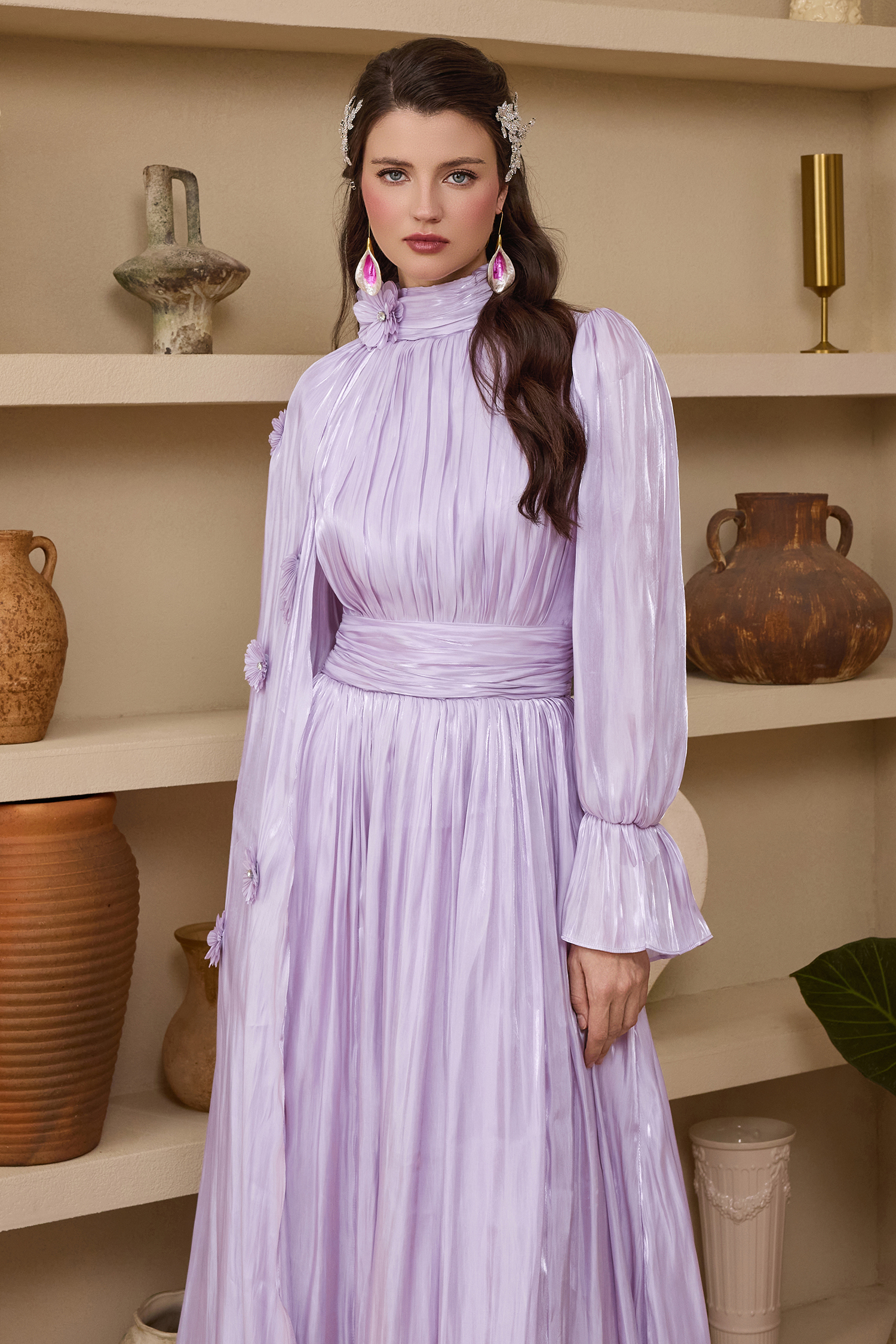 3D Flower Gathering Cape Maxi Dress