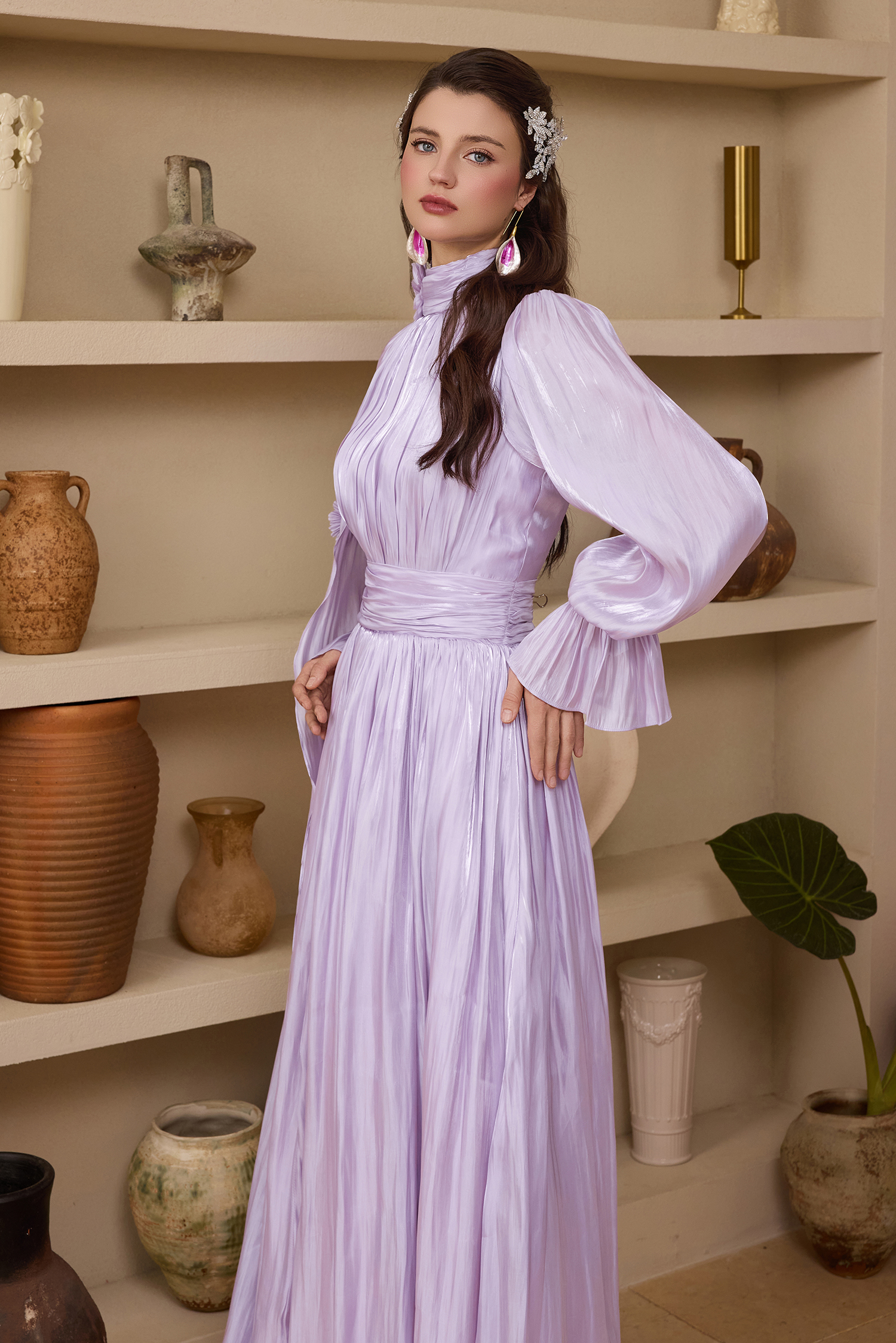 3D Flower Gathering Cape Maxi Dress