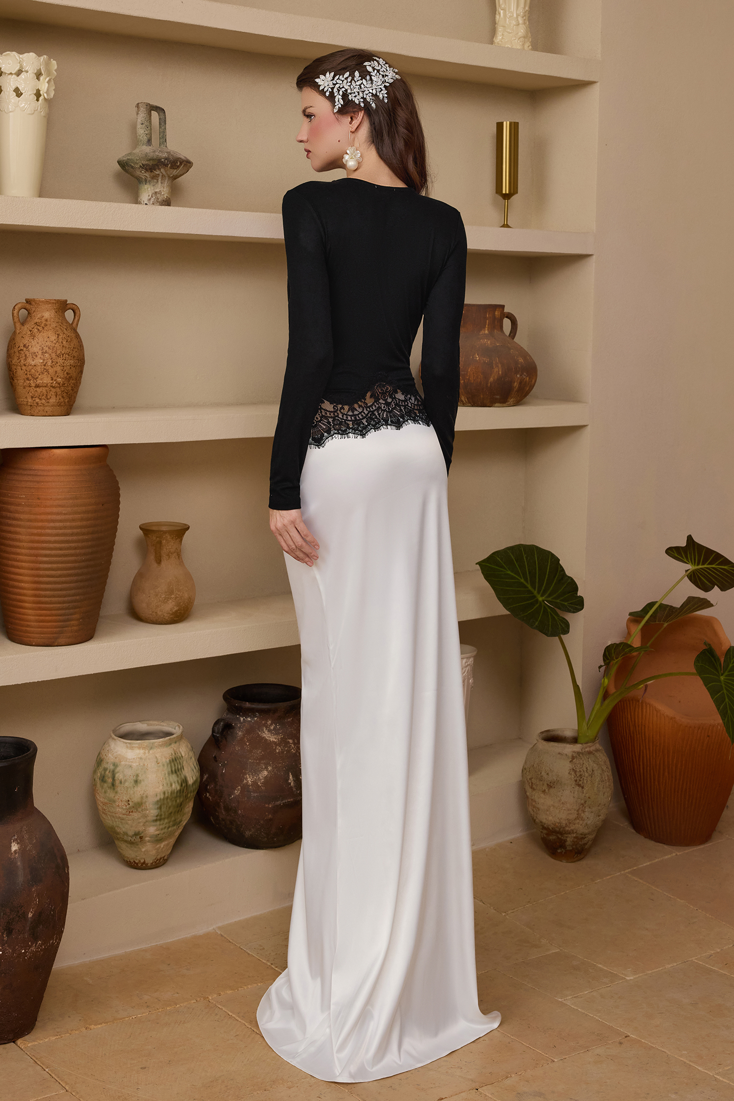 Jersey Splicing Lace Satin Maxi Dress