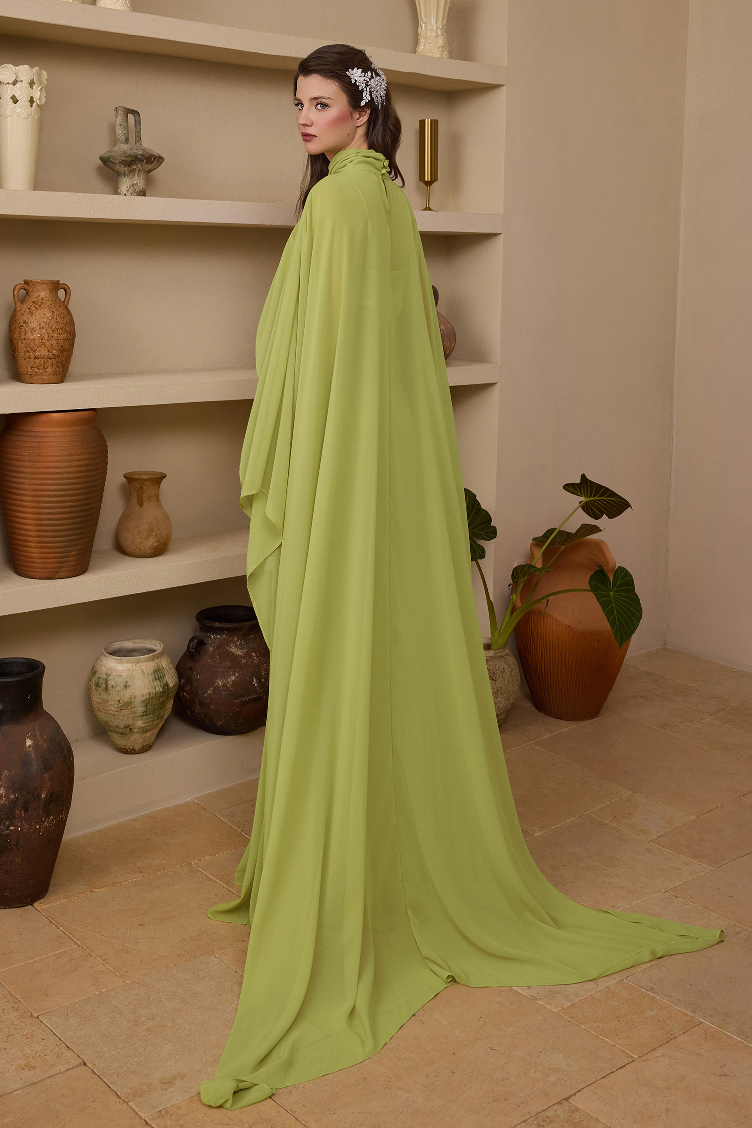 Slip Satin Maxi Dress With Chiffon Cape