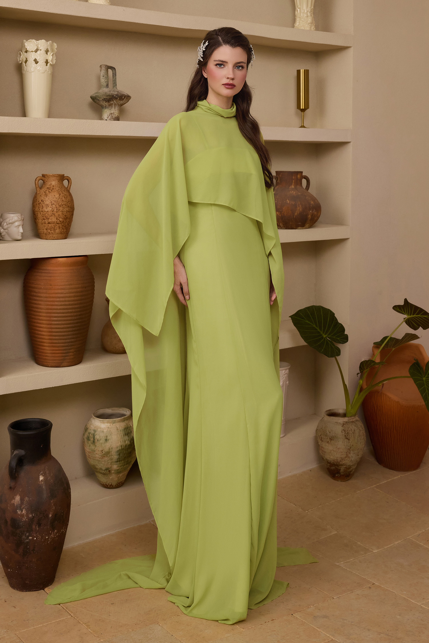 Slip Satin Maxi Dress With Chiffon Cape