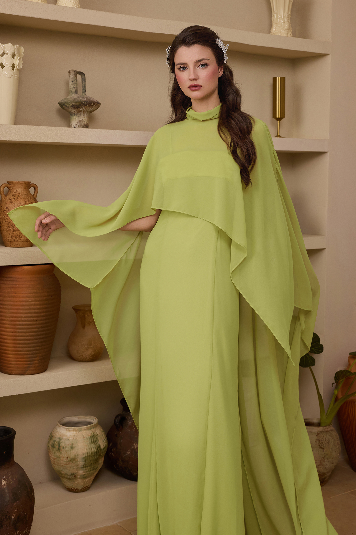 Slip Satin Maxi Dress With Chiffon Cape