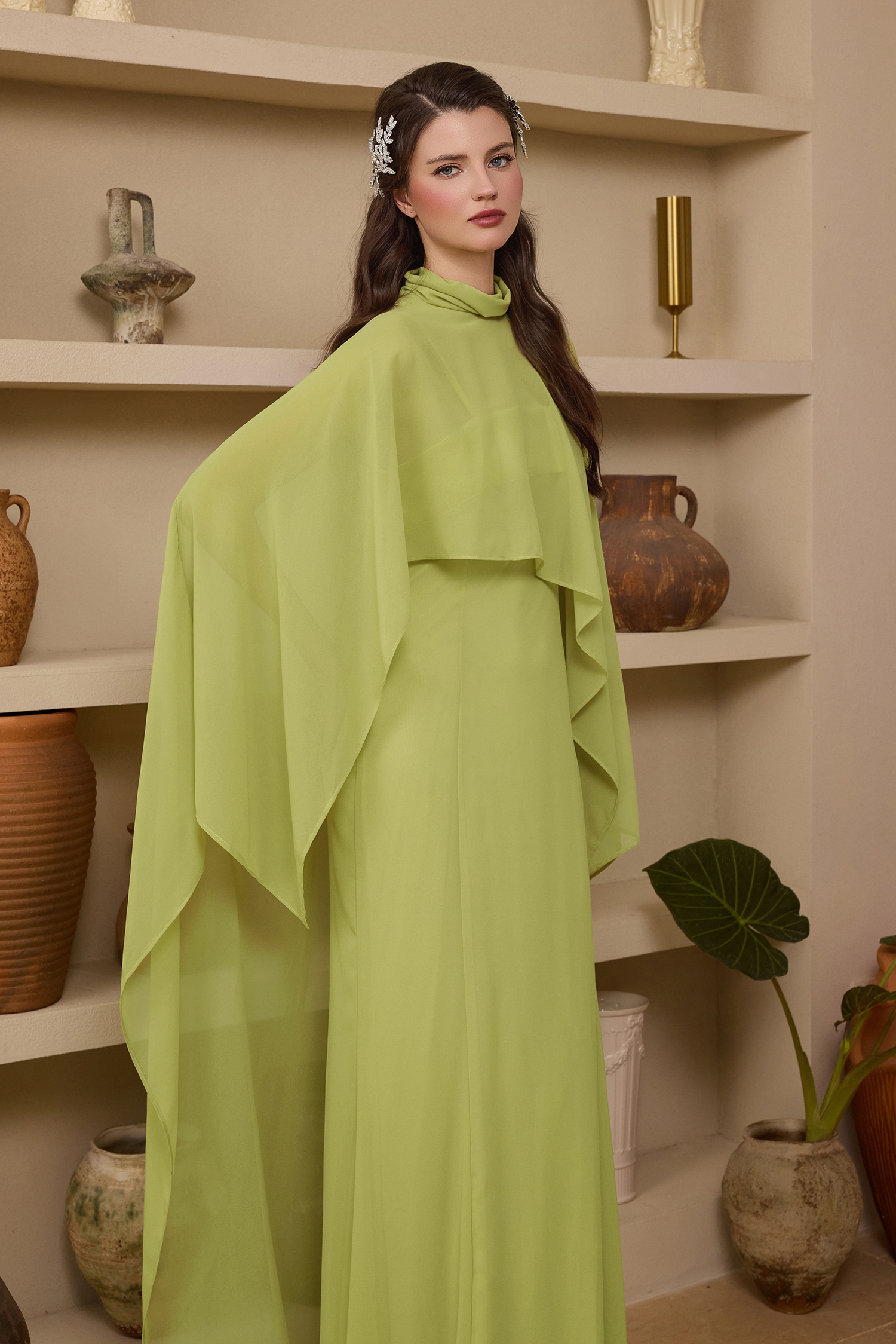 Slip Satin Maxi Dress With Chiffon Cape