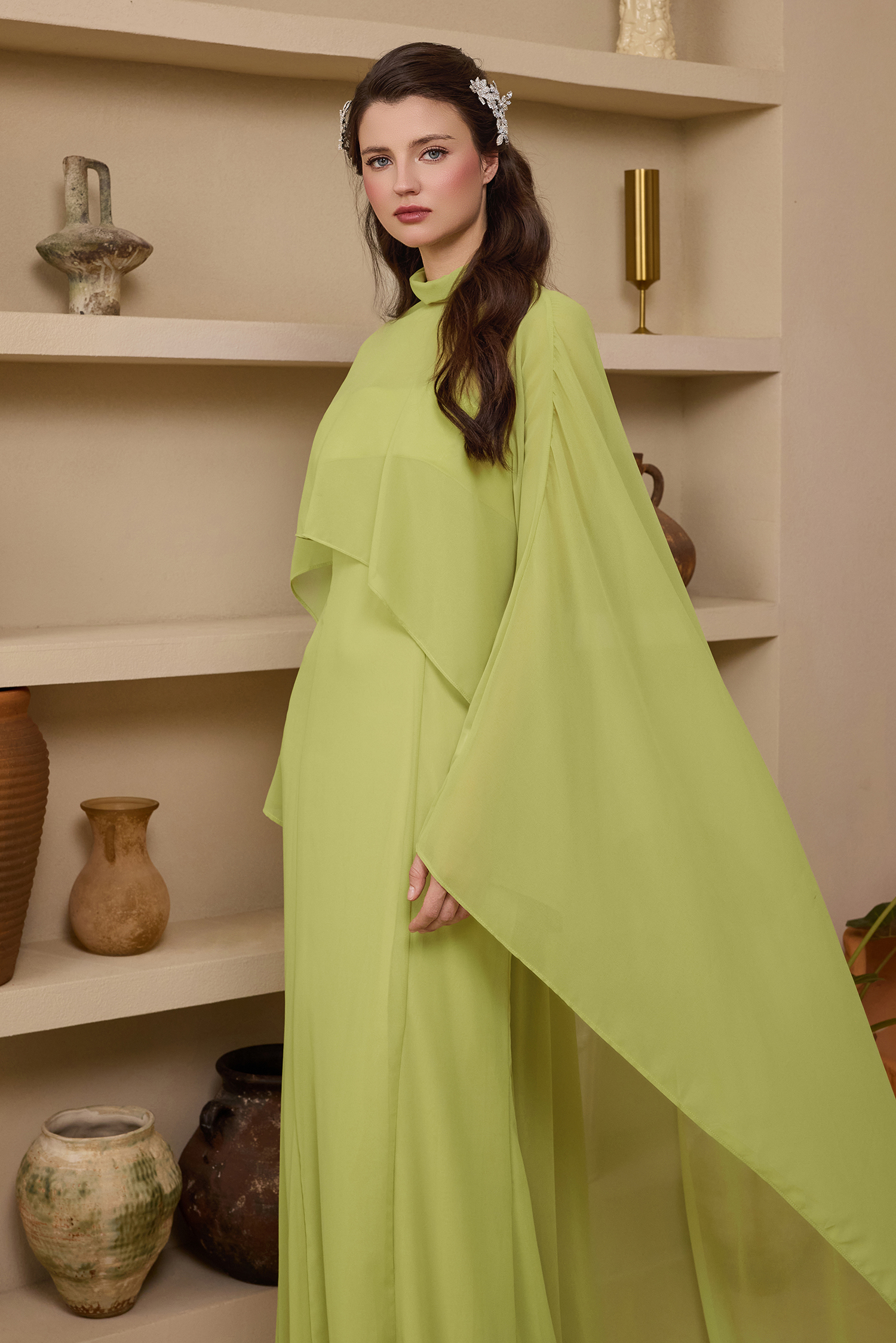 Slip Satin Maxi Dress With Chiffon Cape