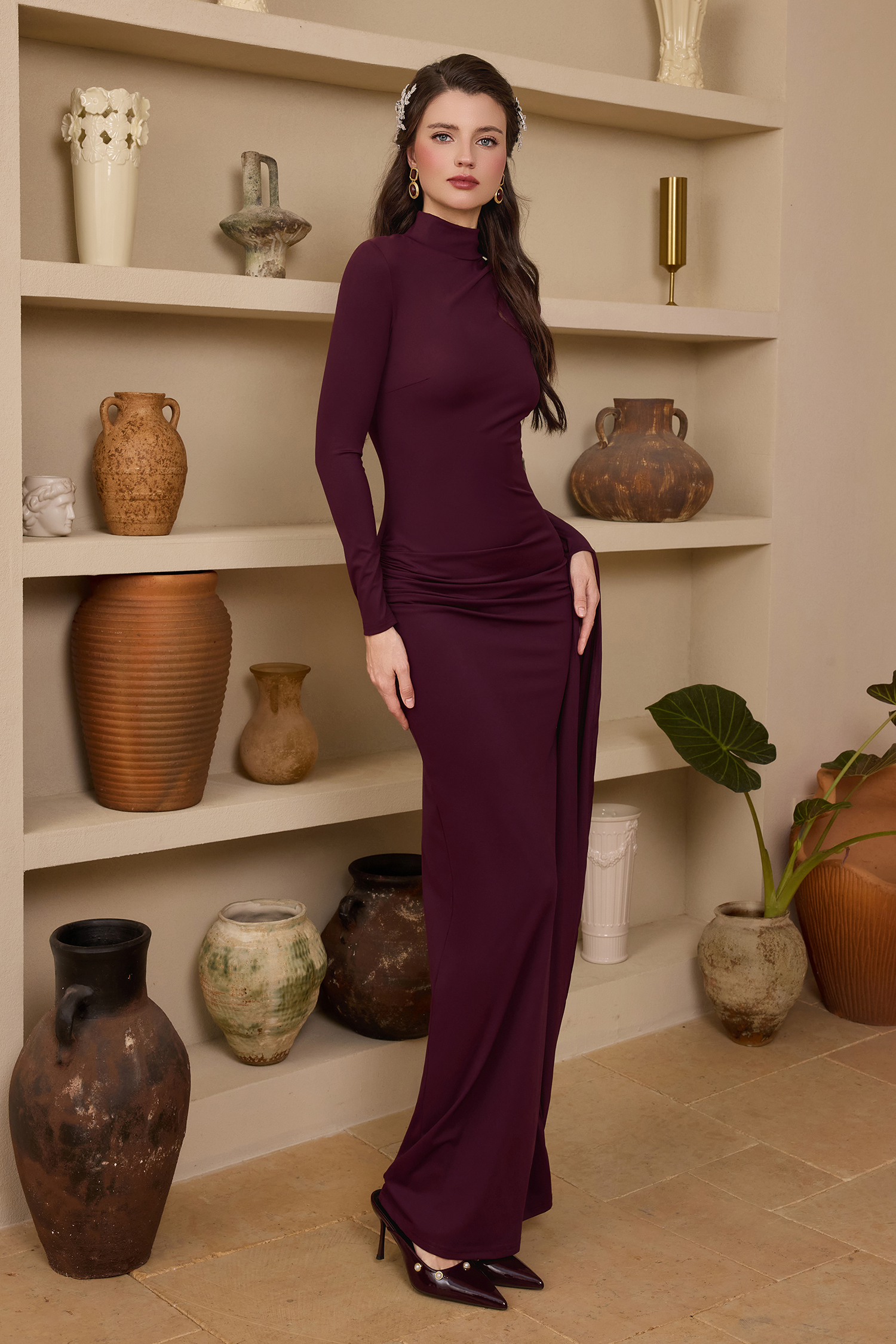 Jersey Solid Asymmetrical Sleeve Maxi Dress