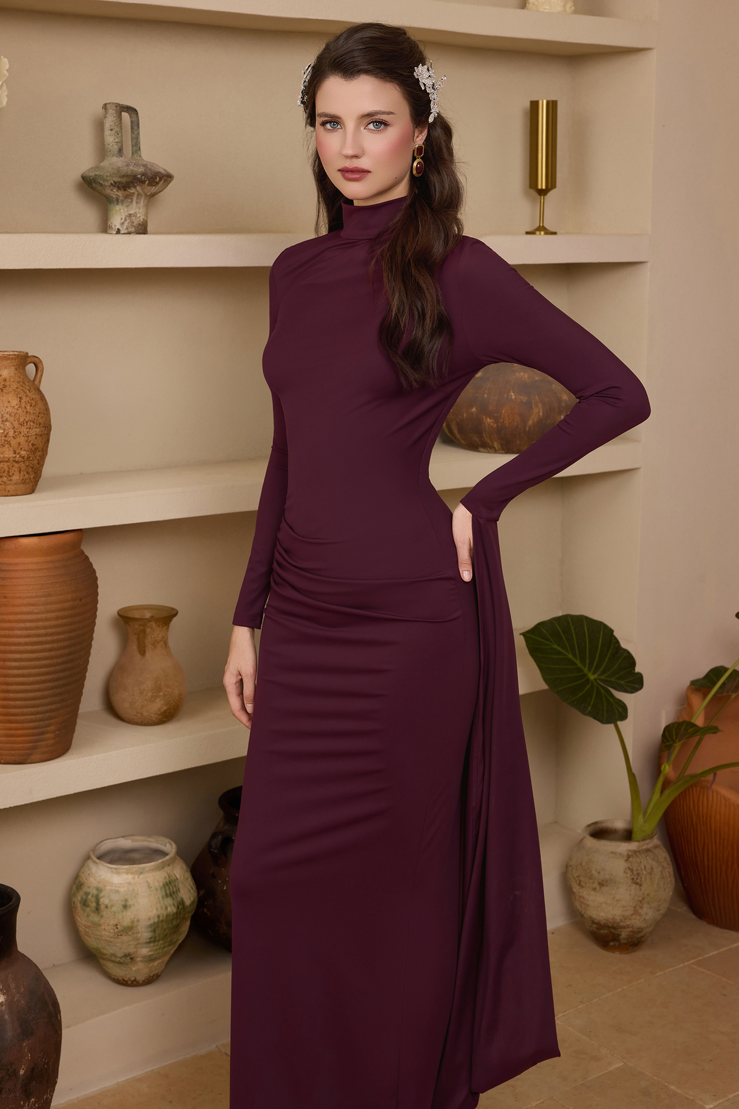 Jersey Solid Asymmetrical Sleeve Maxi Dress