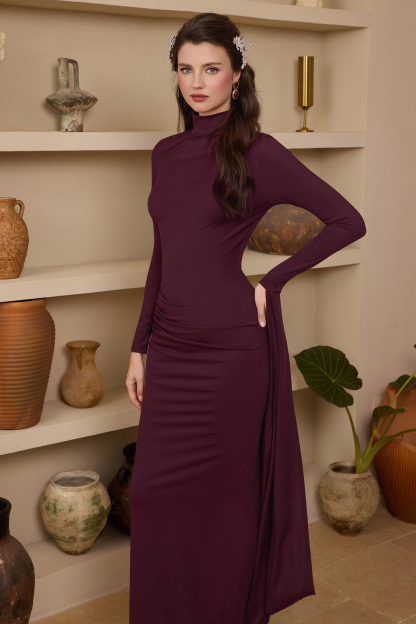 Jersey Solid Asymmetrical Sleeve Maxi Dress