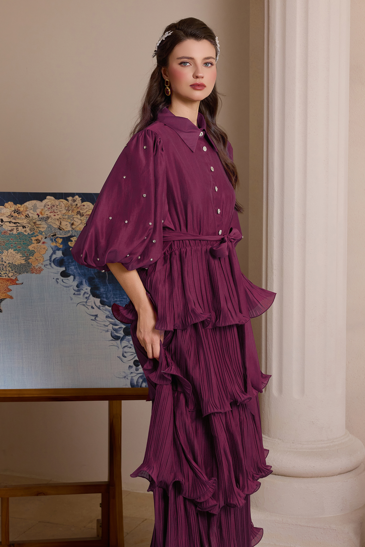 Chiffon Pleated Rhinestone Midi Dress With Belt