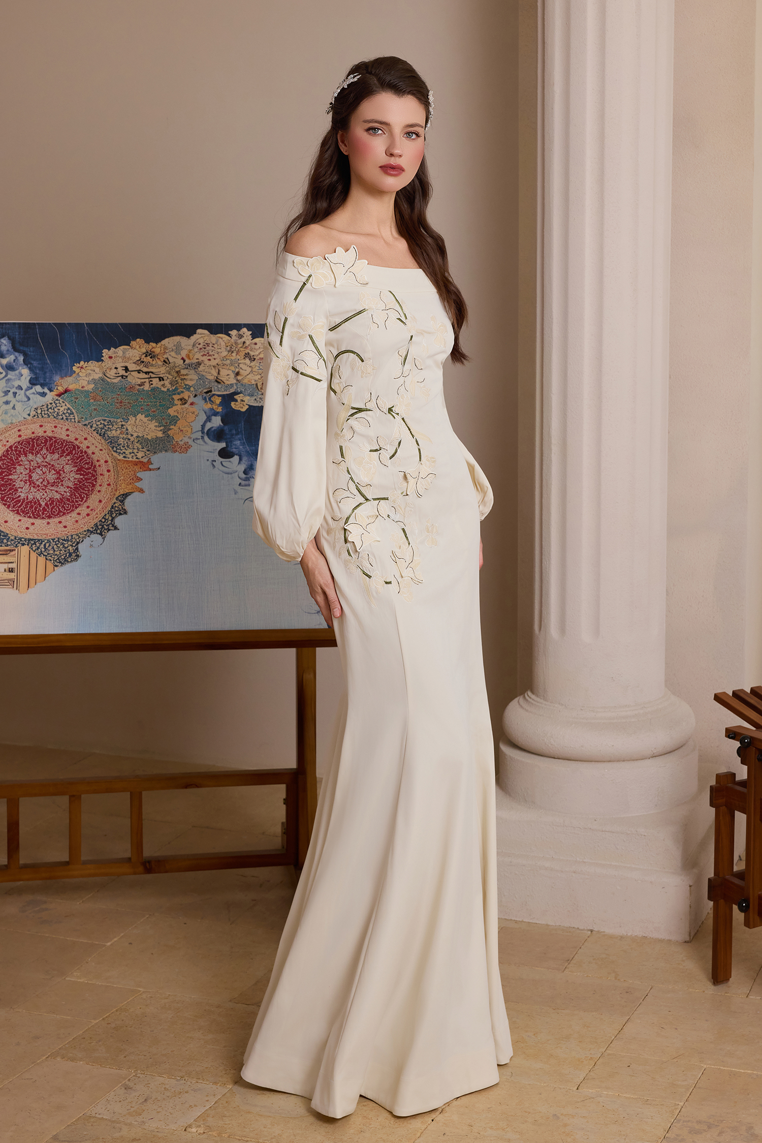 Floral Appliquéd Puff Sleeve Maxi Dress